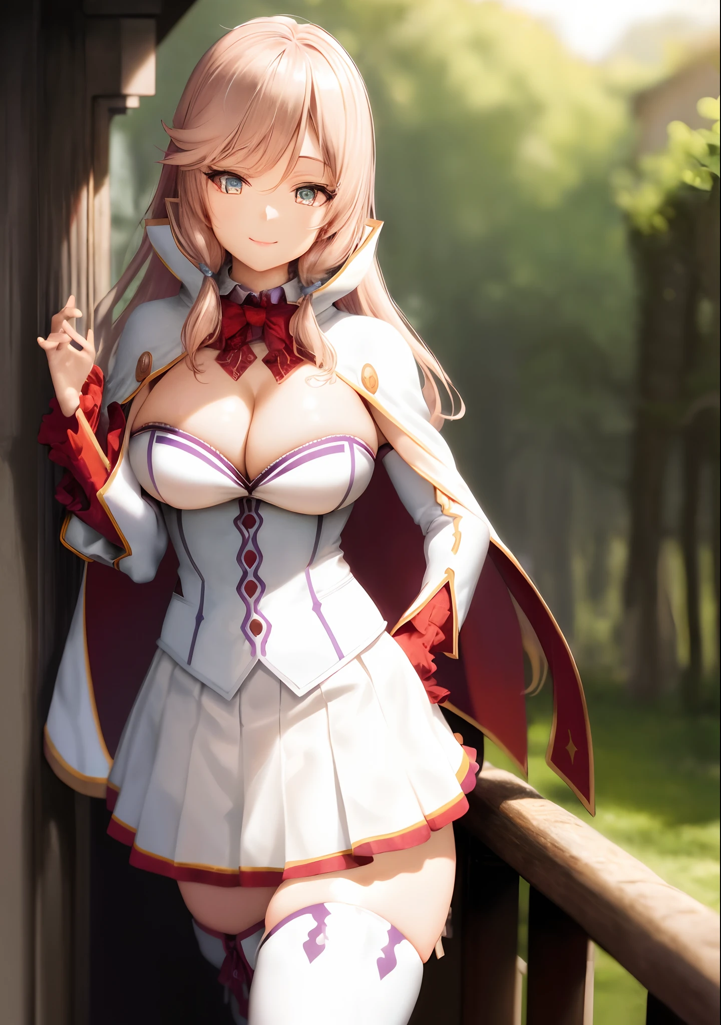 masterpiece, best quality, ultra-detailed, beautiful detailed eyes, extremely detailed eyes and face, 1girl, flarejioral, sidelocks, cleavage, cape, long sleeves, white skirt, pleated skirt, white thighhighs, boots, white footwear, cross-laced footwear, knee boots, ((large breasts)), standing, looking at viewer, smiling, forest, cowboy shot, upper body,
