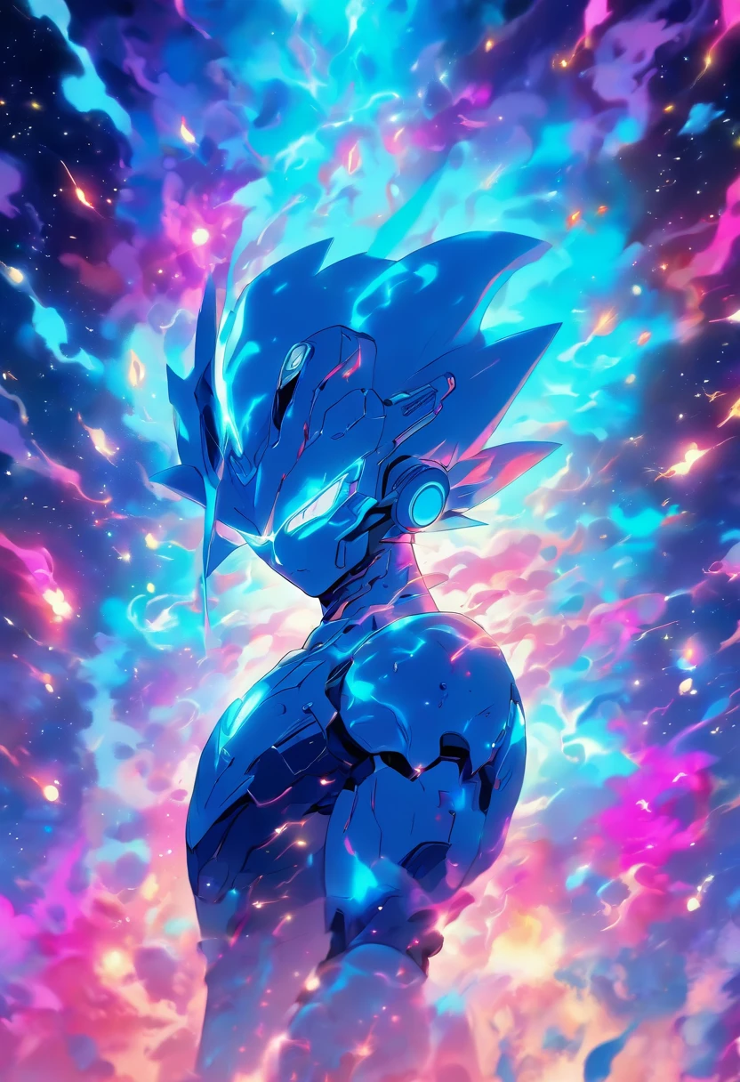 Imagine an electric blue nebula filled with psychedelic colors and pulsating plasma streams. A cyborg, half-human and half-android, floats in space, marveling at the alien technologies surrounding. illustration, dark magic splash, fantasy art, hand drawn, Accent Lighting, subtle motion effects, best quality, decorative art, low-poly, UHD, golden ratio composition, ((soft colors)), (cel-shading style)extremely saturated image (saturation 10) ink lined art, bold lines, illuminated by stars