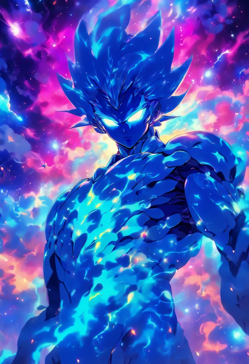 Imagine an electric blue nebula filled with psychedelic colors and pulsating plasma streams. A cyborg, half-human and half-android, floats in space, marveling at the alien technologies surrounding. illustration, dark magic splash, fantasy art, hand drawn, Accent Lighting, subtle motion effects, best quality, decorative art, low-poly, UHD, golden ratio composition, ((soft colors)), (cel-shading style)extremely saturated image (saturation 10) ink lined art, bold lines, illuminated by stars