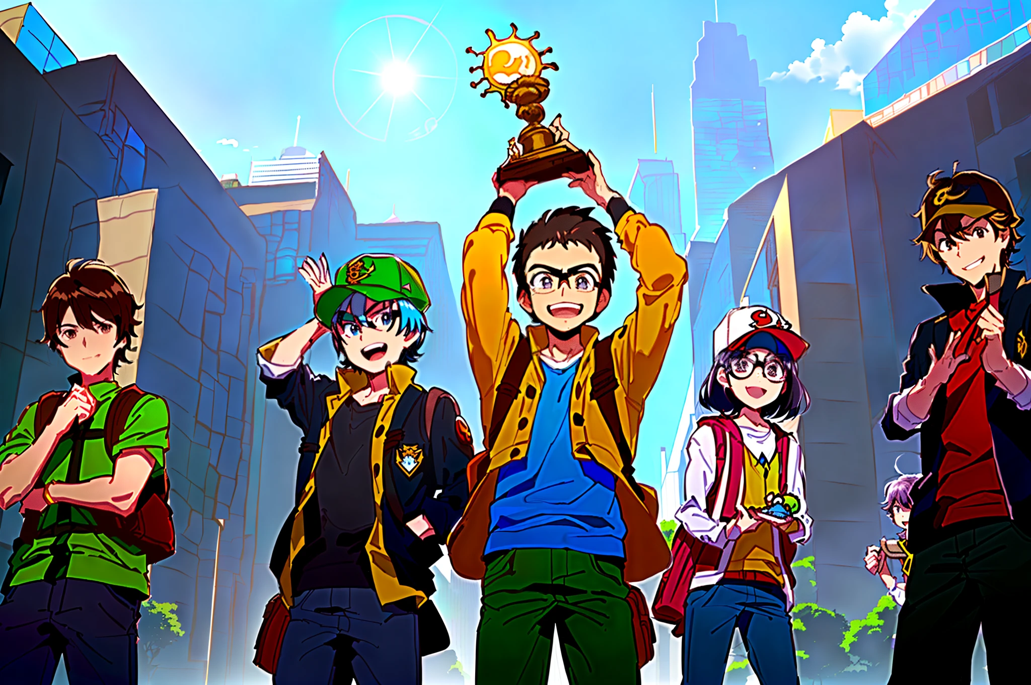large panorama,City treasure hunters hold the trophy high in their chests,Very happy,group portraits,and the sun was shining brightly,Handsome face,Wear adventure clothing,Q version characters,Akira Toriyama,A beautiful illustration