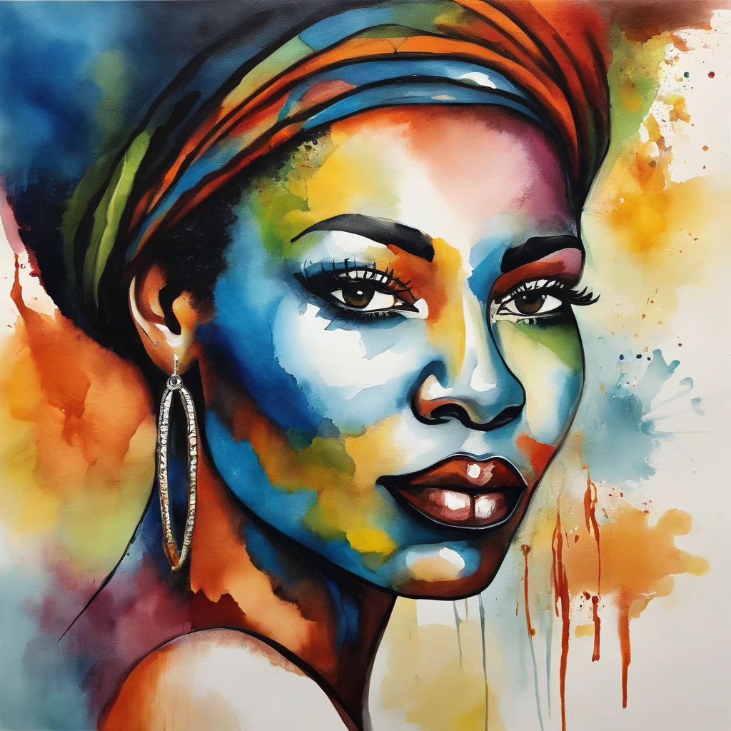Face painting of black woman, AfrO - Brazilian race, On a colorful background, Abstract face, Abstract portrait, Stylized face, pop art painting, Expressive detail face, Expressive female face, inspired by Picasso, pop art painting, Beautiful expressive painting, Detailed faces of Afro-Brazilian caste women, Detailed expression, in the Picasso style, cubism style