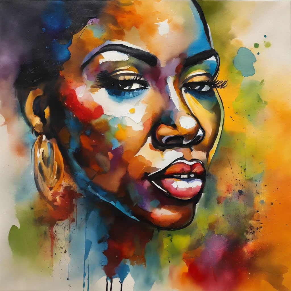 Face painting of black woman, AfrO - Brazilian race, On a colorful background, Abstract face, Abstract portrait, Stylized face, pop art painting, Expressive detail face, Expressive female face, inspired by Picasso, pop art painting, Beautiful expressive painting, Detailed faces of Afro-Brazilian caste women, Detailed expression, in the Picasso style, cubism style