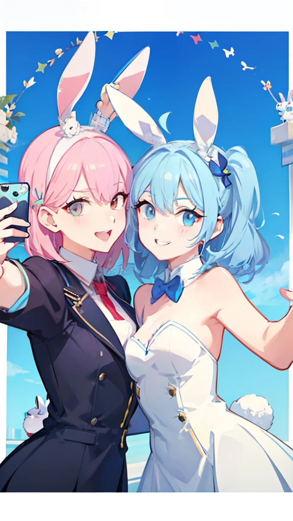 one bunny girl with light blue hair and one bunny girl with red hair taking a selfie together
