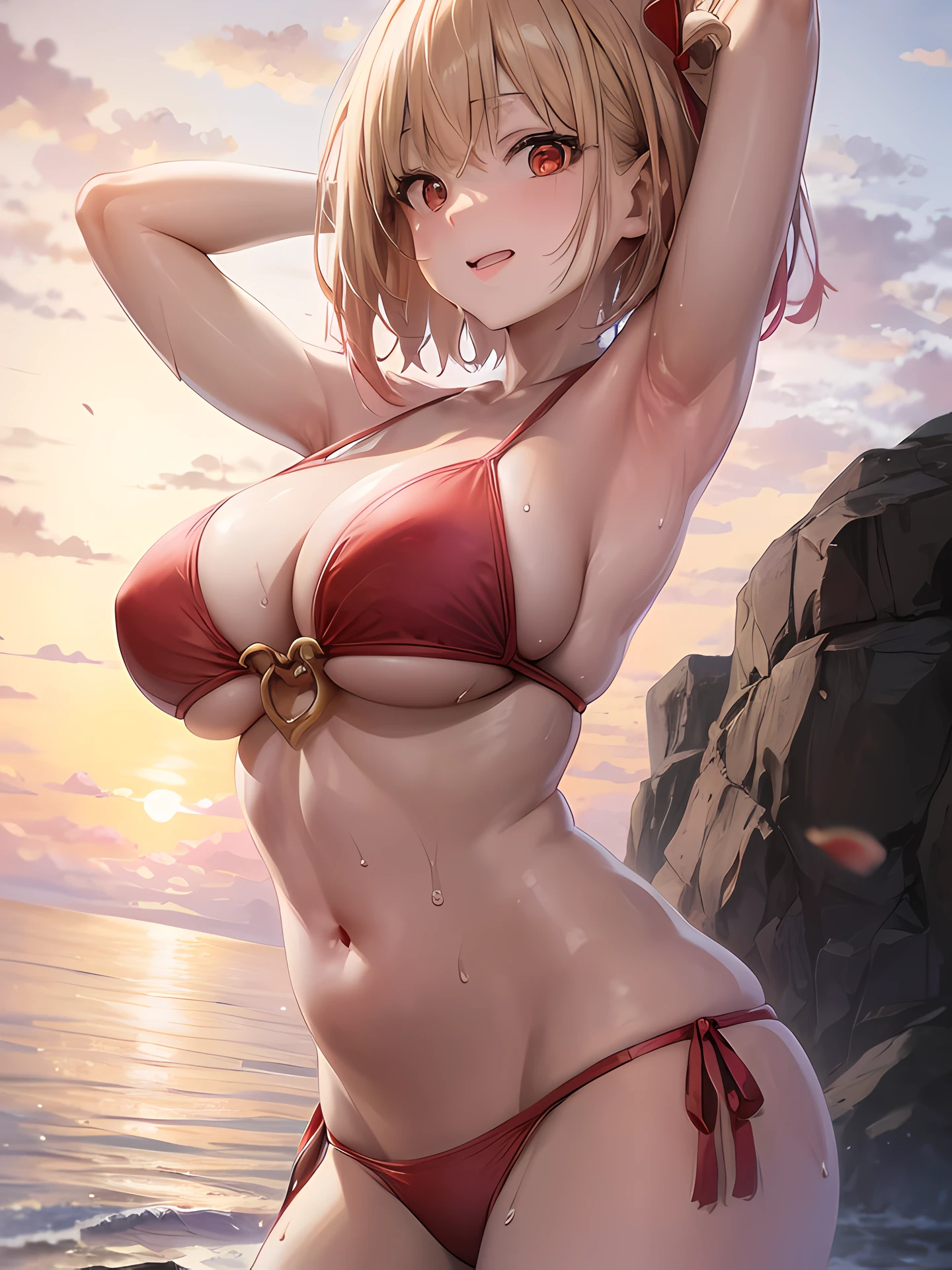 anime girl in a red bikini posing on a beach, realistic bikini, seductive anime girl, red bikini, in bikini, smooth anime cg art, nishikigi chisato, short hair, bangs, blonde hair, (red eyes:1.5), hair ribbon, one side up, bob cut, attractive anime girl, swimsuit, beautiful alluring anime woman, extremely detailed artgerm, in a bikini, hot with shining sun, oppai, biomechanical oppai