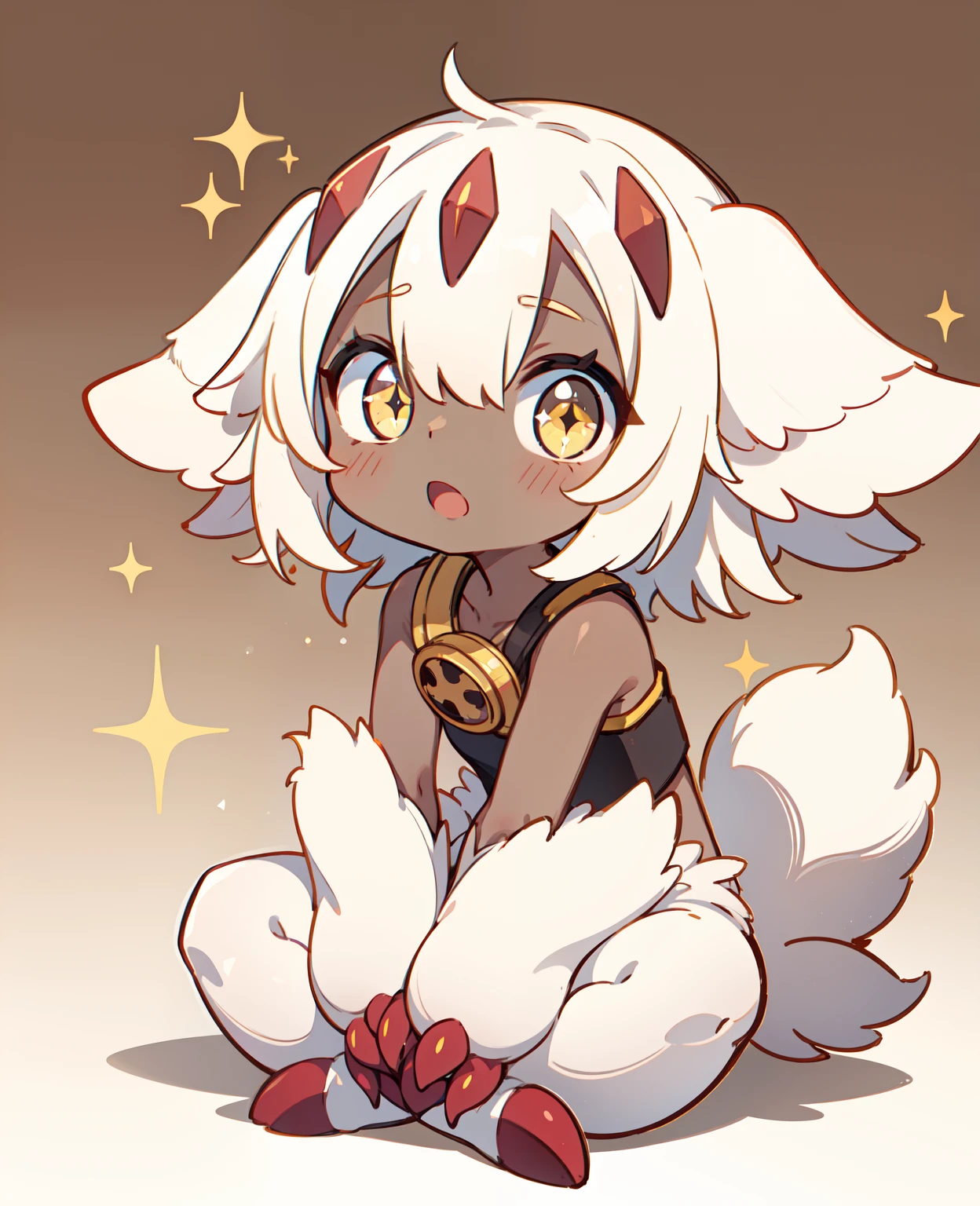 faputa looking at viewer, open mouth, simple background, sitting, full body, 4arms, chibi, sitting like a dog, hands up, upper arms on face,v arms, fapuclaws, fapuknees, fapuhooves, lower arms together, faputail, yellow eyes, fapugoggles around neck, gradient background, sparkle, brown background, outline, hand to own mouth, white outline, digital illustration