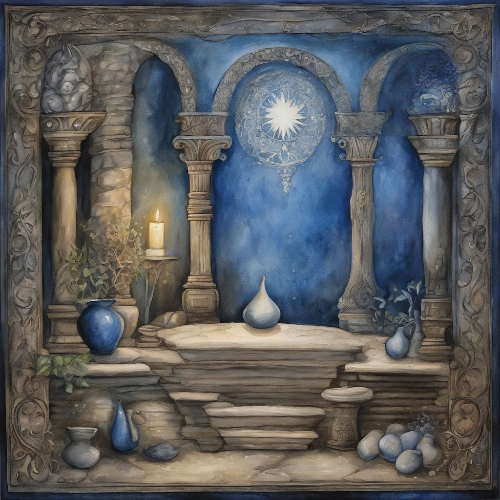 Draw a mystical and enigmatic scene, com um altar antigo no centro. Coloque a ampulheta no topo do altar, com a areia escorrendo lentamente. Dentro da ampulheta, desenhe a imagem detalhada da lua, com todos os seus detalhes e texturas. Use shades of blue and silver to create a magical and mysterious atmosphere around the altar.
