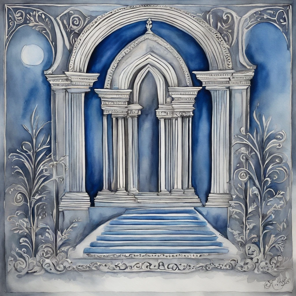 Draw a mystical and enigmatic scene, com um altar antigo no centro. Coloque a ampulheta no topo do altar, com a areia escorrendo lentamente. Dentro da ampulheta, desenhe a imagem detalhada da lua, com todos os seus detalhes e texturas. Use shades of blue and silver to create a magical and mysterious atmosphere around the altar.