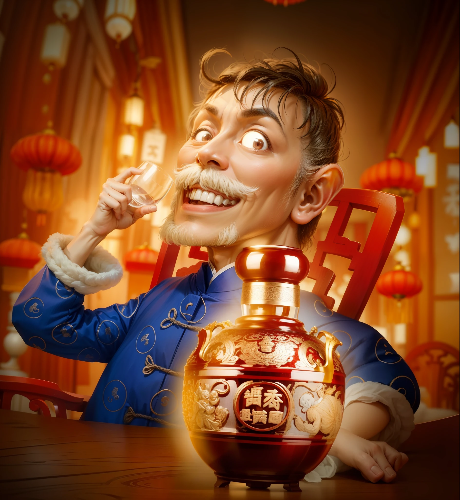 tmasterpiece,The main body is a delicate wine bottle,The man in the Tang costume was happy,Hold a wine glass in your right hand,Chinese carved table and chairs,The background is blurred out,In the background is a Chinese-style street,8K,Movie lighting
