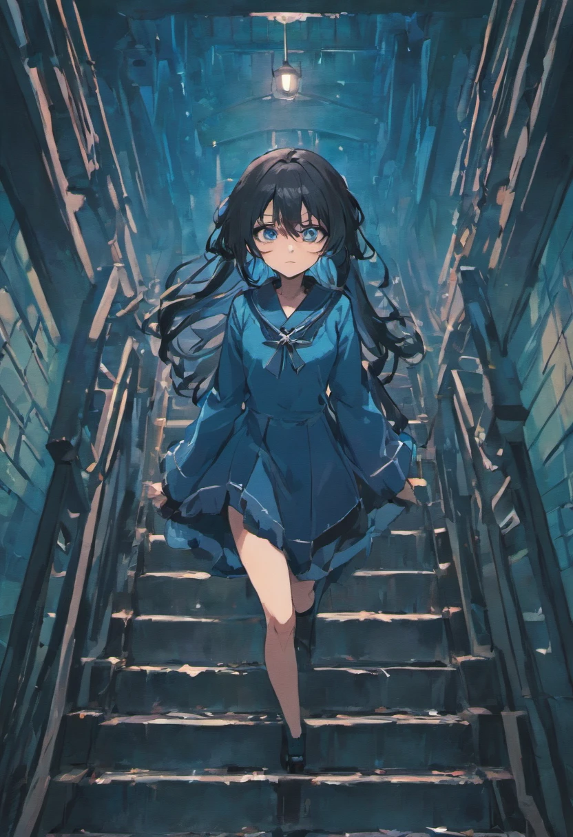 Light blue European-style clothes,Long straight black hair,Half-open eyes,Black pupils,Imprisoned in an iron cage,In the upper left corner of the cage there are blooming white ephemeral flowers,Girls salute in cages,Knee slightly bent,Morbid eyes,Blood dripped down the stairs