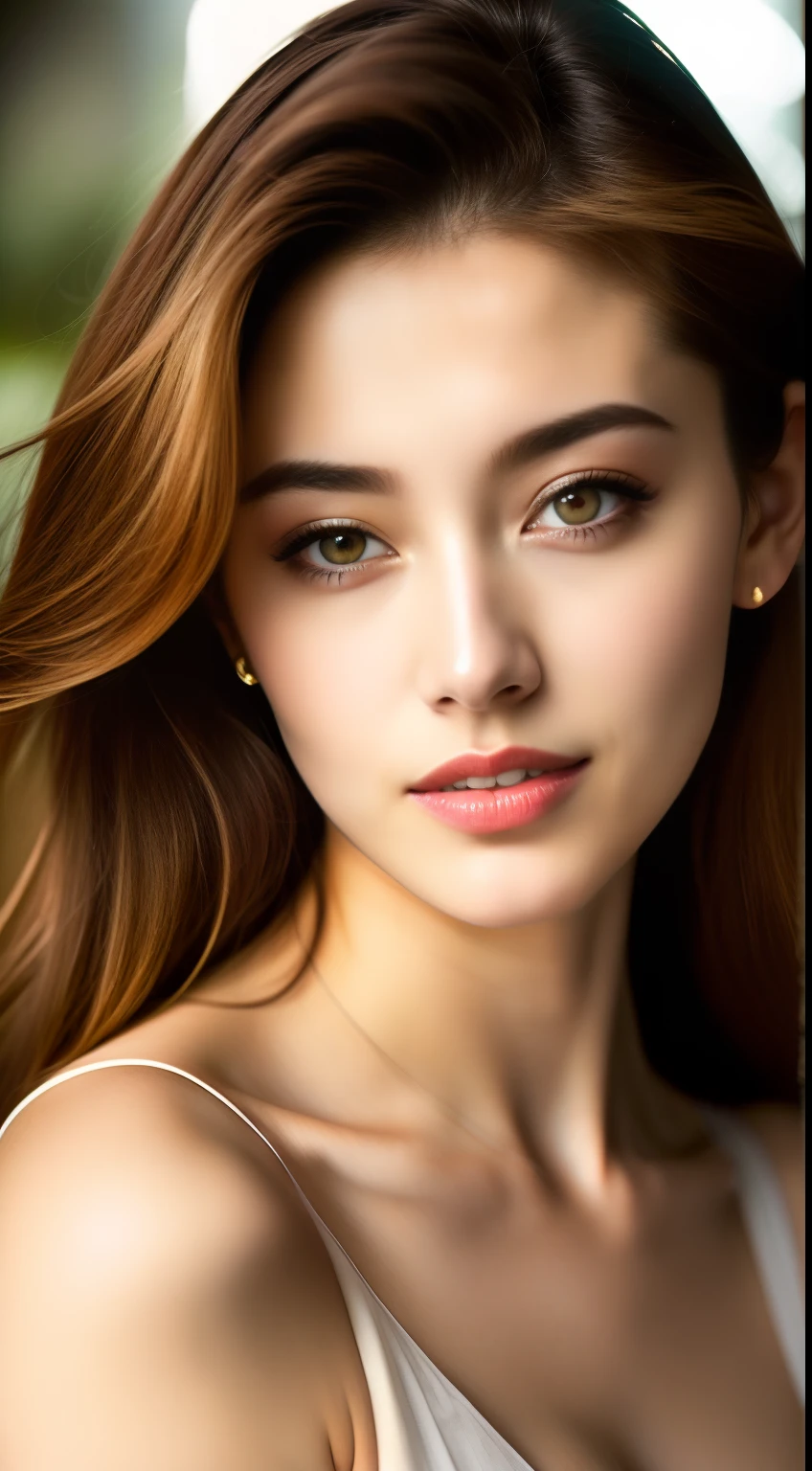 Fashion model 25 years old [[[[close-up]]], [[[[chest]]]], [[[[neck]]], [shoulders]]]]], Perfect eyes, Perfect iris, Perfect lips, Perfect teeth, Perfect skin, Soft front light, Glow, HDR, (Soft color: 1.2)