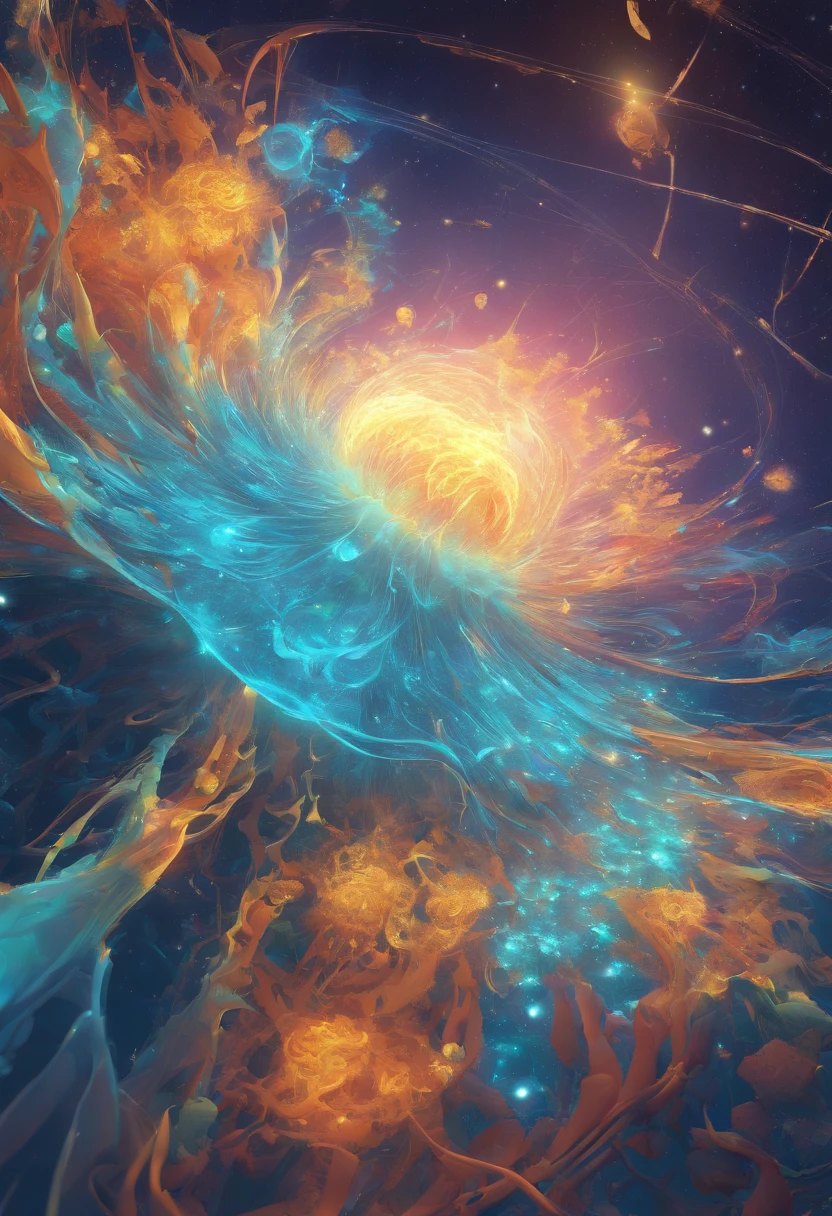 Imagine an electric blue nebula filled with psychedelic colors and pulsating plasma streams. A cyborg, half-human and half-android, floats in space, marveling at the alien technologies surrounding. illustration, dark magic splash, fantasy art, hand drawn, Accent Lighting, subtle motion effects, best quality, decorative art, low-poly, UHD, golden ratio composition, ((soft colors)), (cel-shading style)extremely saturated image (saturation 10) ink lined art, bold lines, illuminated by stars