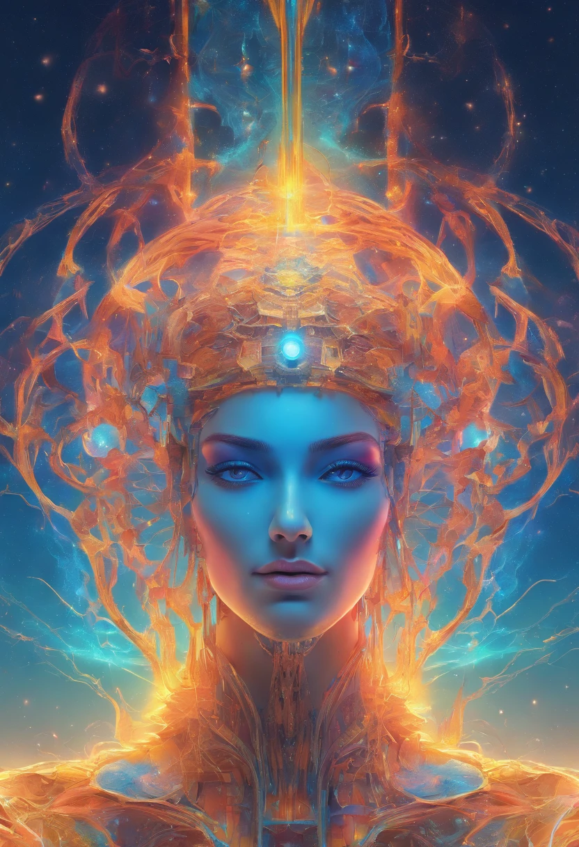 Imagine an electric blue nebula filled with psychedelic colors and pulsating plasma streams. A cyborg, half-human and half-android, floats in space, marveling at the alien technologies surrounding. illustration, dark magic splash, fantasy art, hand drawn, Accent Lighting, subtle motion effects, best quality, decorative art, low-poly, UHD, golden ratio composition, ((soft colors)), (cel-shading style)extremely saturated image (saturation 10) ink lined art, bold lines, illuminated by stars