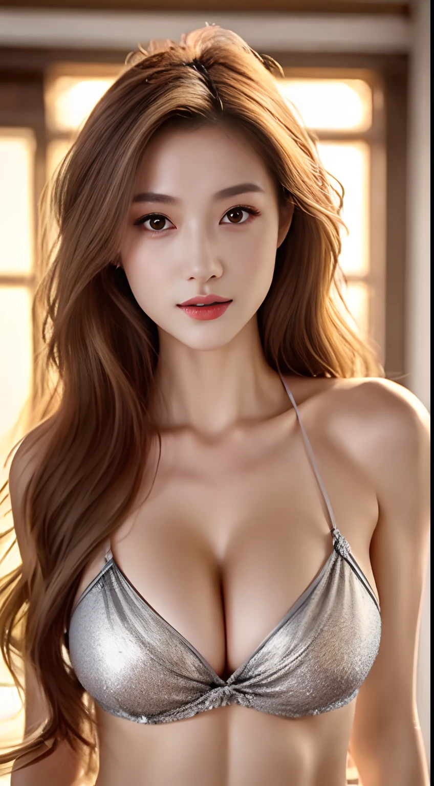 top-quality。８K-Picture。Ultra-high pixel。The background is the sea。((Hair has a long silver wavy shape)),。Overall delicate quality and slender style。((Super Big Woman,amazingly massive breasts：1.9))。Close to the perfect woman。legs are long、thin waist。Shot in colorful bikini。face is、clear double eyelids。lofty nose。sexy lip。The contours are slim、Longer。((thinly tanned skin))。((Slender Giant Beauty))。One more thing、Small Devil。A woman with a cute but suspicious inner world。