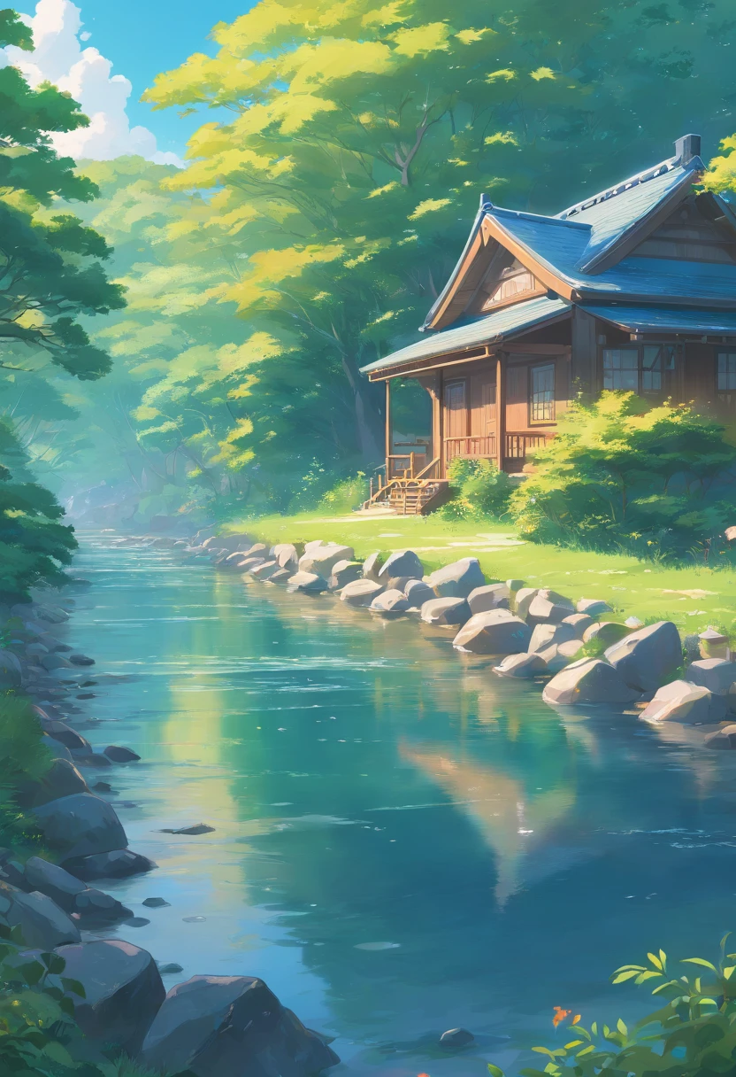 Close-up of the cottage next to the stream, ross tran. scenery background, ryan dyar, environment painting, Beautiful oil matte painting, photorealistic landscapes, 4k hd matte digital painting, 8 k resolution digital painting, 8k resolution digital painting, hyperrealistic landscape, inspired by Raphael Lacoste, Illustration matte painting, beautiful digital painting