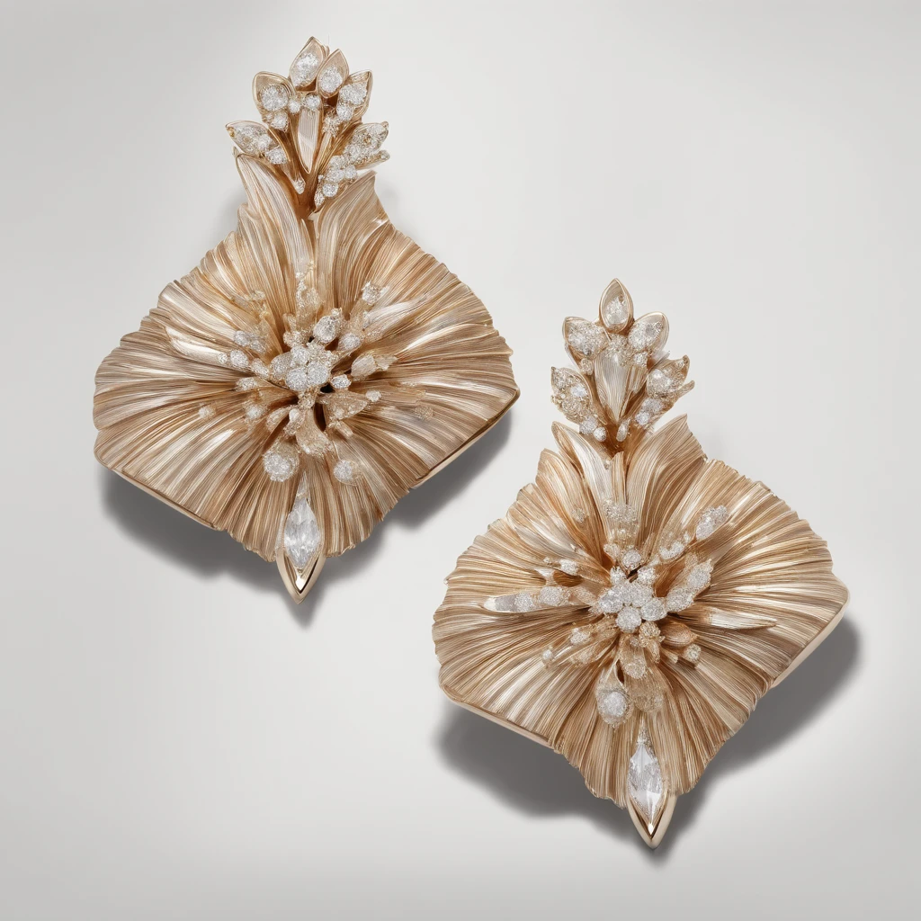 A pair of diamond earrings on white background, In the style of trompe l'oeil pleats, Light brown and gold, radiation clusters, Dramatic gestures, reuthentic, tooth wu, to contrast