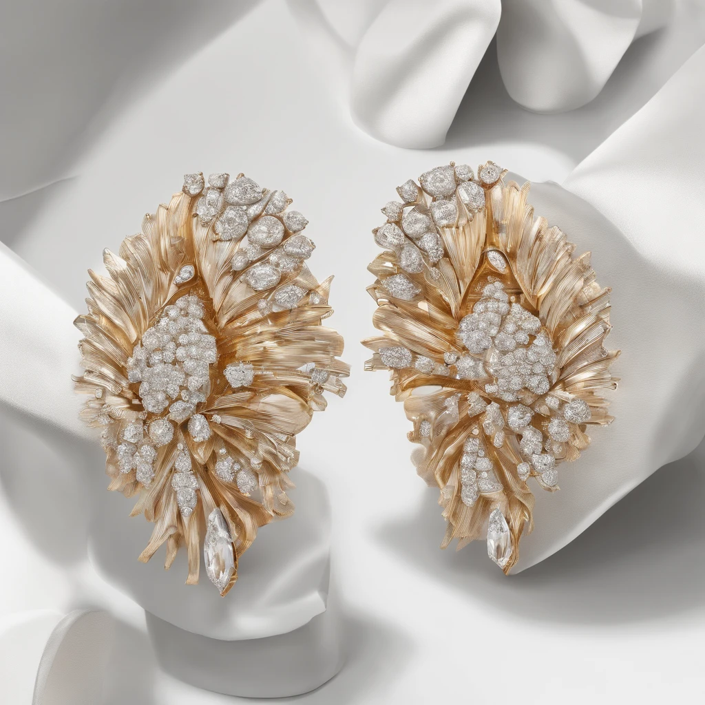 A pair of diamond earrings on white background, In the style of trompe l'oeil pleats, Light brown and gold, radiation clusters, Dramatic gestures, reuthentic, tooth wu, to contrast