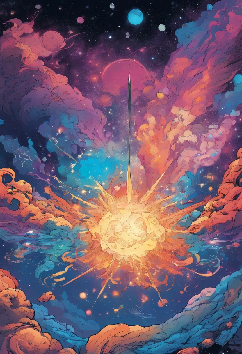 Imagine an electric blue nebula filled with psychedelic colors and pulsating plasma streams. A cyborg, half-human and half-android, floats in space, marveling at the alien technologies surrounding. illustration, dark magic splash, fantasy art, hand drawn, Accent Lighting, subtle motion effects, best quality, decorative art, low-poly, UHD, golden ratio composition, ((soft colors)), (cel-shading style)extremely saturated image (saturation 10) ink lined art, bold lines, illuminated by stars