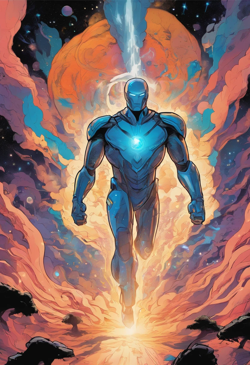 Imagine an electric blue nebula filled with psychedelic colors and pulsating plasma streams. A cyborg, half-human and half-android, floats in space, marveling at the alien technologies surrounding. illustration, dark magic splash, fantasy art, hand drawn, Accent Lighting, subtle motion effects, best quality, decorative art, low-poly, UHD, golden ratio composition, ((soft colors)), (cel-shading style)extremely saturated image (saturation 10) ink lined art, bold lines, illuminated by stars