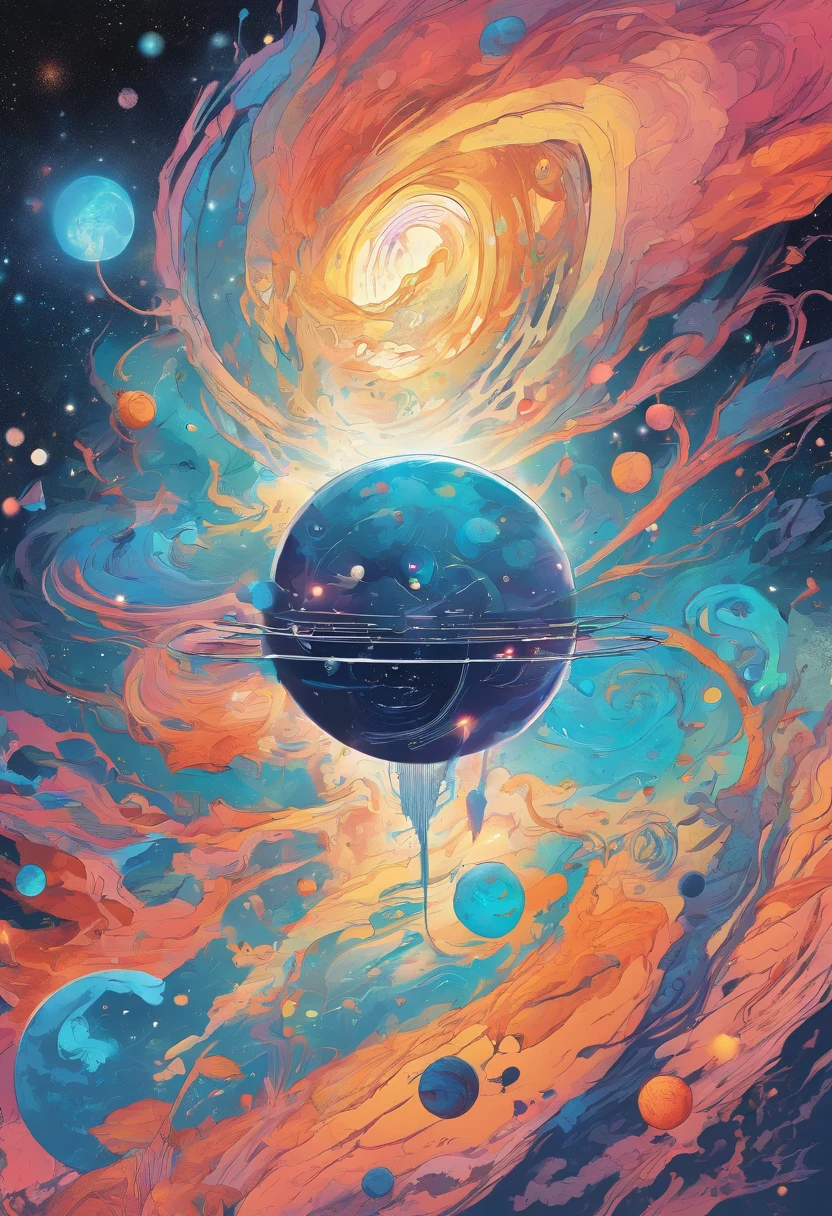 Imagine an electric blue nebula filled with psychedelic colors and pulsating plasma streams. A cyborg, half-human and half-android, floats in space, marveling at the alien technologies surrounding. illustration, dark magic splash, fantasy art, hand drawn, Accent Lighting, subtle motion effects, best quality, decorative art, low-poly, UHD, golden ratio composition, ((soft colors)), (cel-shading style)extremely saturated image (saturation 10) ink lined art, bold lines, illuminated by stars
