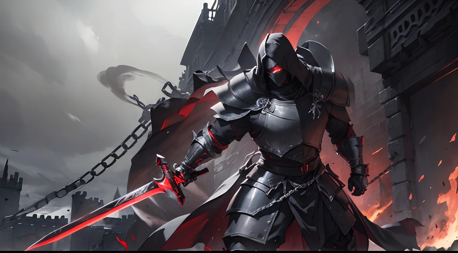 shadow knight ,male ,no face ,badass ,cool side pose ,black armor ,chains vest under black armor ,long red veil ,white frame eyes ,hold a silver white sword ,dark aura ,dark ,smoke ,ruined castle background,masterpiece ,best quality ,ultra-detailed ,high res ,8K ,detailed background