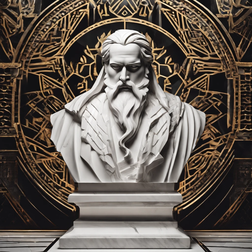 Bust of the wise man in white marble statue，In the style of a bearded Greek philosopher in a museum. dark ambiance, High contrast between light and shadow, professional photoshooting, Utrelia Lista, Light volume, cinematic ligh