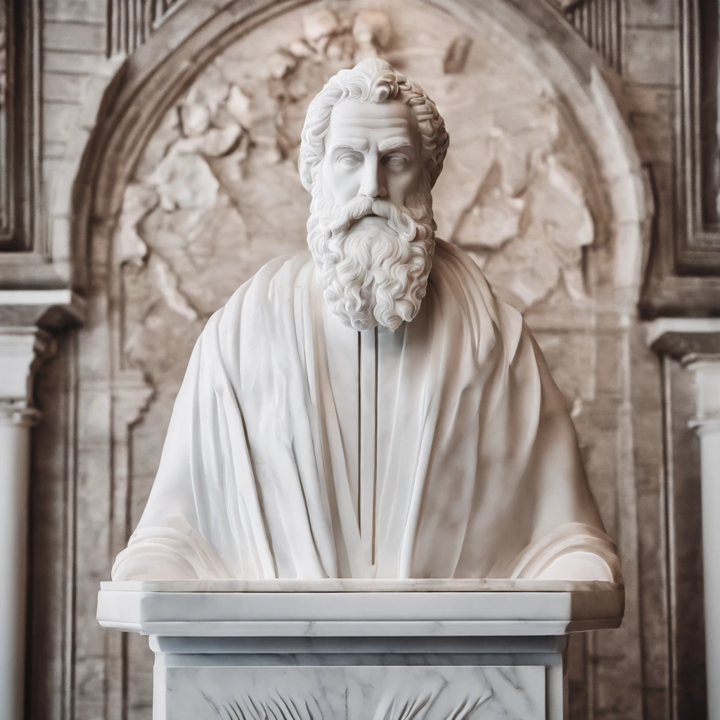 Bust of the wise man in white marble statue，In the style of a bearded Greek philosopher in a museum. dark ambiance, High contrast between light and shadow, professional photoshooting, Utrelia Lista, Light volume, cinematic ligh