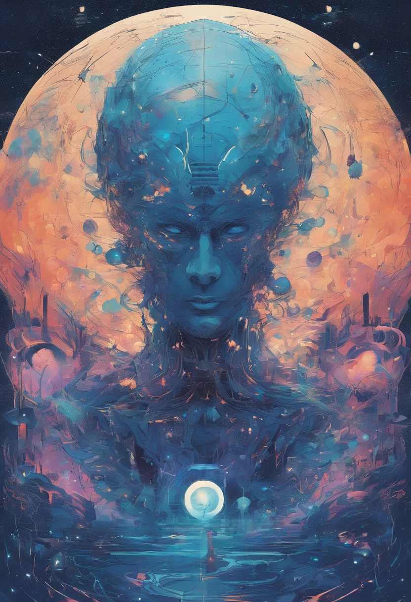 Imagine an electric blue nebula filled with psychedelic colors and pulsating plasma streams. A cyborg, half-human and half-android, floats in space, marveling at the alien technologies surrounding. illustration, dark magic splash, fantasy art, hand drawn, Accent Lighting, subtle motion effects, best quality, decorative art, low-poly, UHD, golden ratio composition, ((soft colors)), (cel-shading style)extremely saturated image (saturation 10) ink lined art, bold lines, illuminated by stars