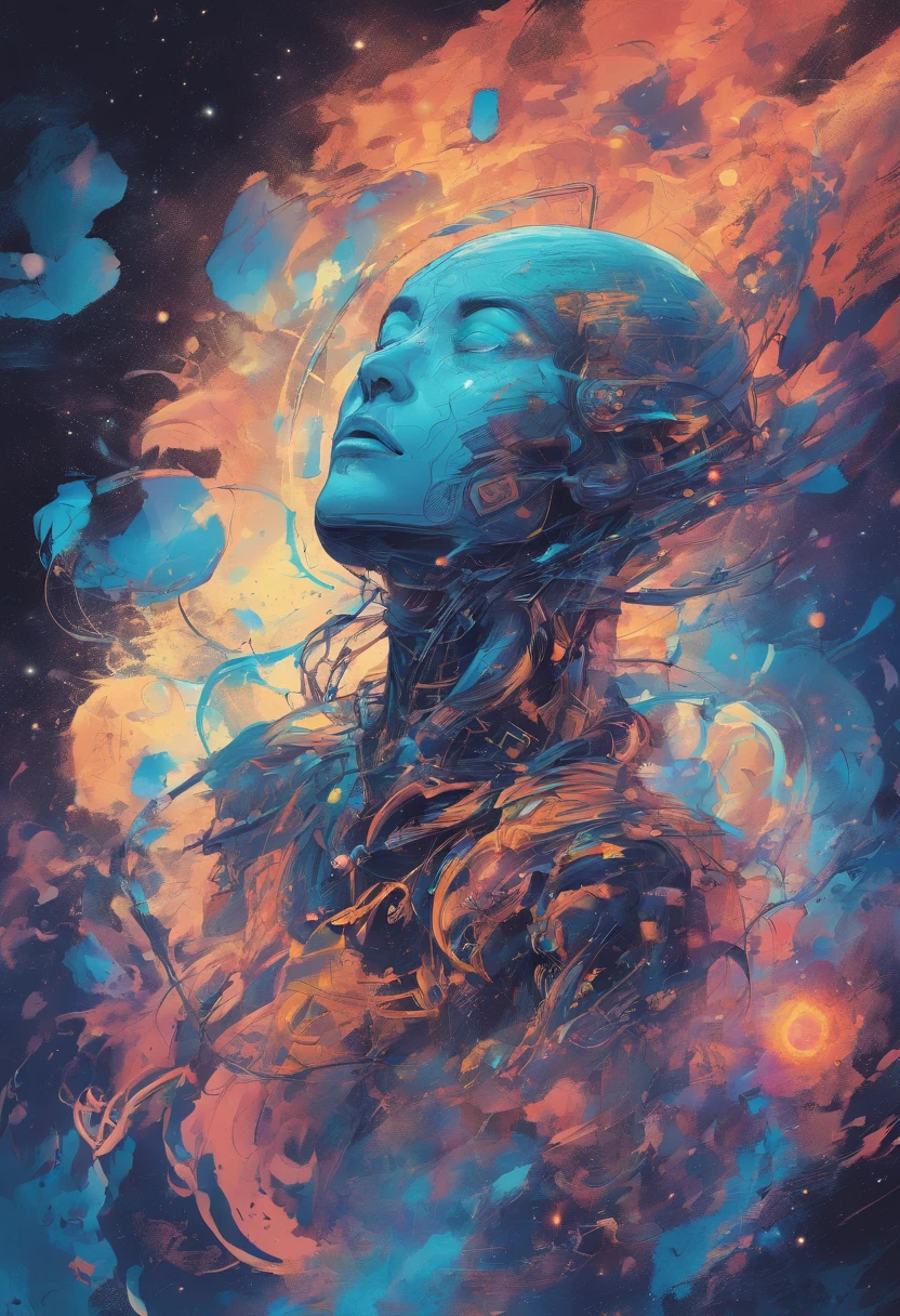 Imagine an electric blue nebula filled with psychedelic colors and pulsating plasma streams. A cyborg, half-human and half-android, floats in space, marveling at the alien technologies surrounding. illustration, dark magic splash, fantasy art, hand drawn, Accent Lighting, subtle motion effects, best quality, decorative art, low-poly, UHD, golden ratio composition, ((soft colors)), (cel-shading style)extremely saturated image (saturation 10) ink lined art, bold lines, illuminated by stars