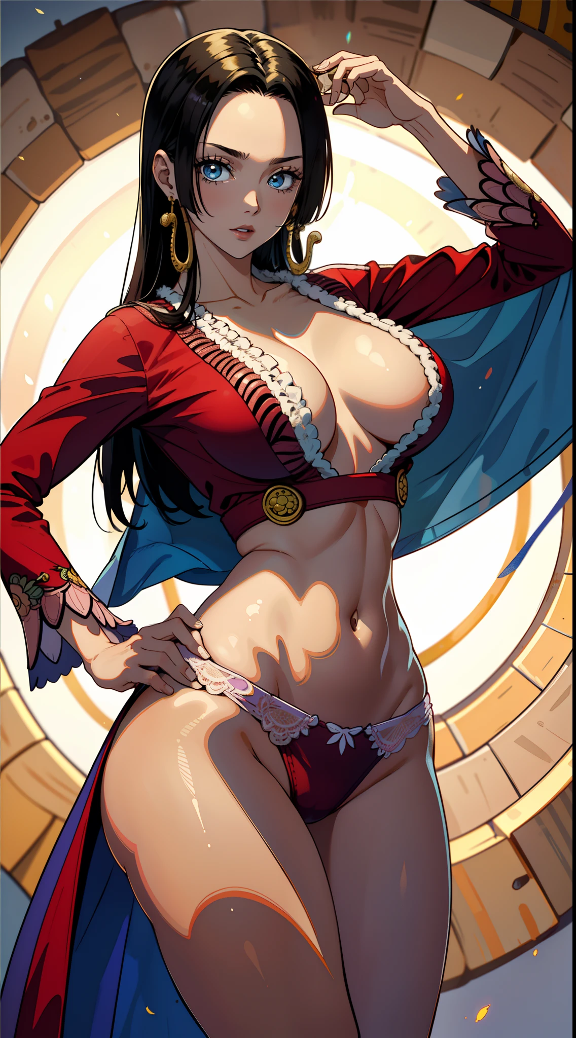 (obra-prima, melhor qualidade: 1.2), Tiroteio de Cowboy, sozinho, 1girl, boa hancock, sorrir, olhando para o espectador, hand on hip, lingerie, joias, brincos, (bunda gigante e peito gigante)