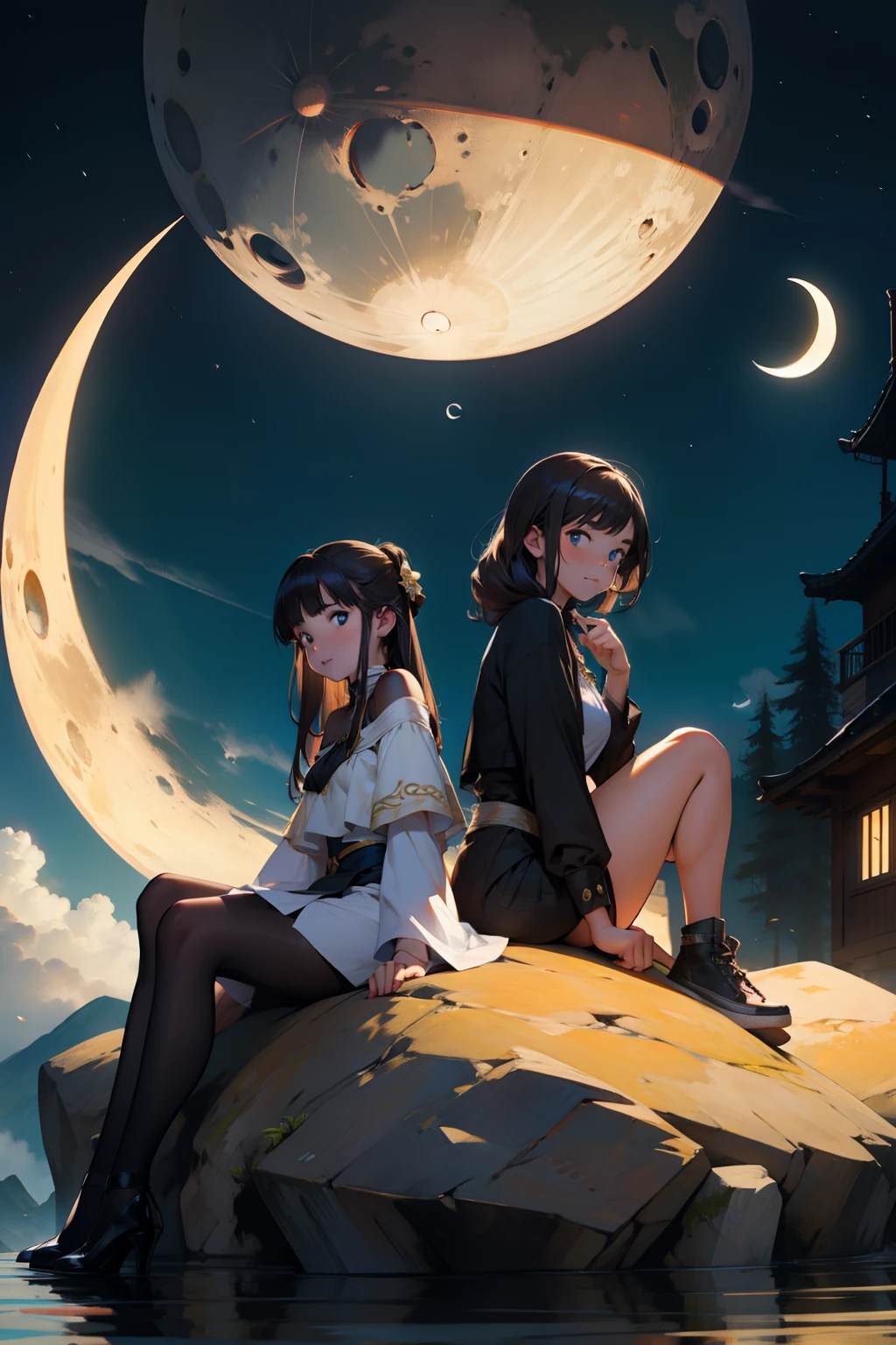 2 girl sitting on crescent moon
