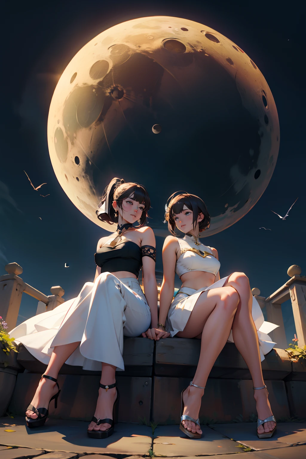 2 girl sitting on crescent moon