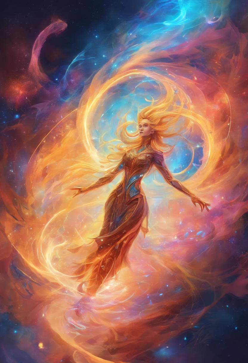 Imagine an electric blue nebula filled with psychedelic colors and pulsating plasma streams. A cyborg, half-human and half-android, floats in space, marveling at the alien technologies surrounding. illustration, dark magic splash, fantasy art, hand drawn, Accent Lighting, subtle motion effects, best quality, decorative art, low-poly, UHD, golden ratio composition, ((soft colors)), (cel-shading style)extremely saturated image (saturation 10) ink lined art, bold lines, illuminated by stars