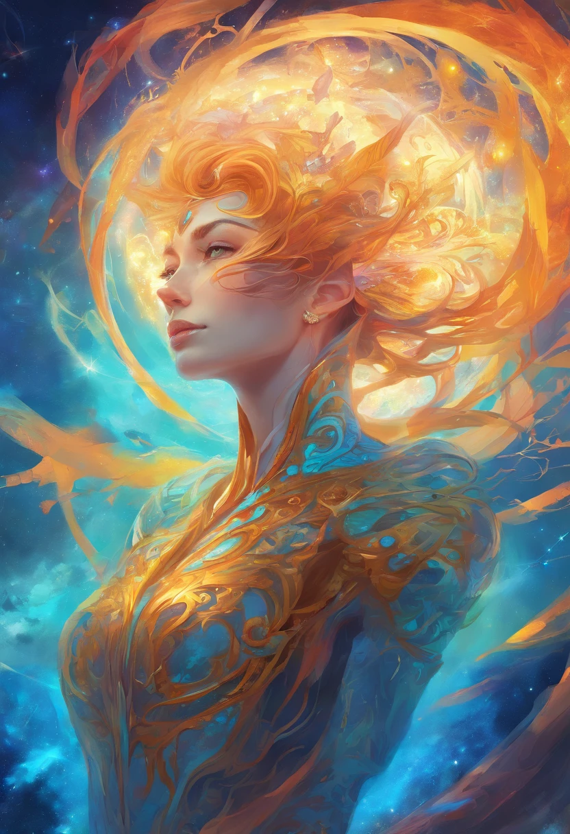 Imagine an electric blue nebula filled with psychedelic colors and pulsating plasma streams. A cyborg, half-human and half-android, floats in space, marveling at the alien technologies surrounding. illustration, dark magic splash, fantasy art, hand drawn, Accent Lighting, subtle motion effects, best quality, decorative art, low-poly, UHD, golden ratio composition, ((soft colors)), (cel-shading style)extremely saturated image (saturation 10) ink lined art, bold lines, illuminated by stars