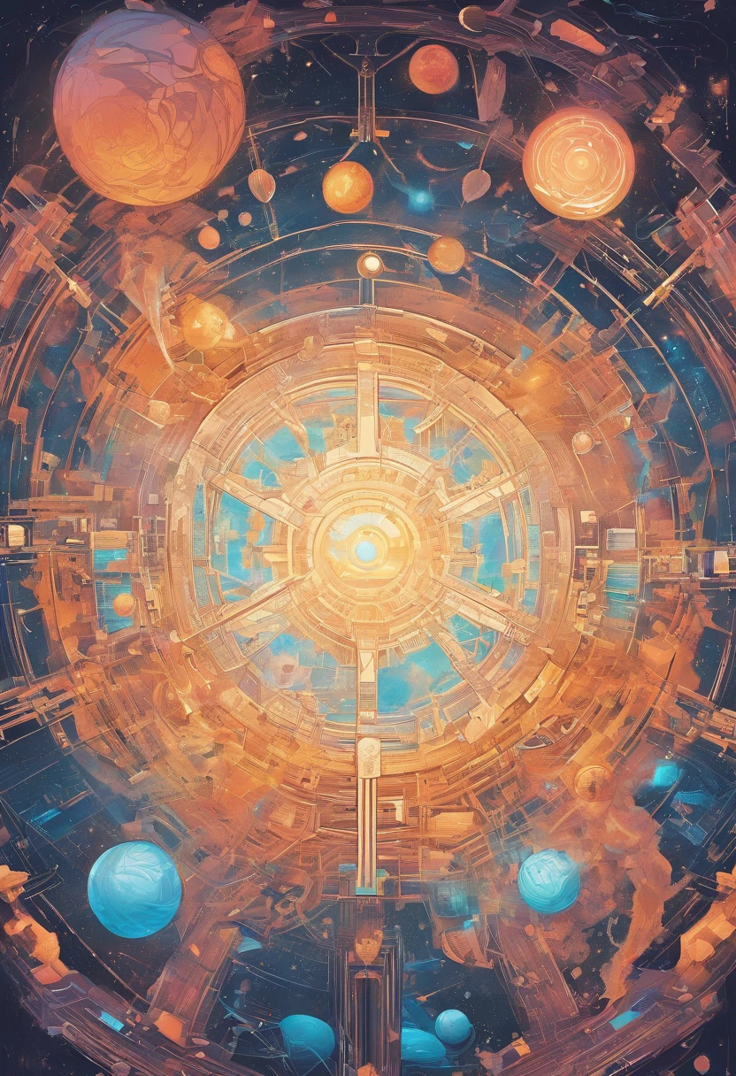 Imagine an electric blue nebula filled with psychedelic colors and pulsating plasma streams. A cyborg, half-human and half-android, floats in space, marveling at the alien technologies surrounding. illustration, dark magic splash, fantasy art, hand drawn, Accent Lighting, subtle motion effects, best quality, decorative art, low-poly, UHD, golden ratio composition, ((soft colors)), (cel-shading style)extremely saturated image (saturation 10) ink lined art, bold lines, illuminated by stars