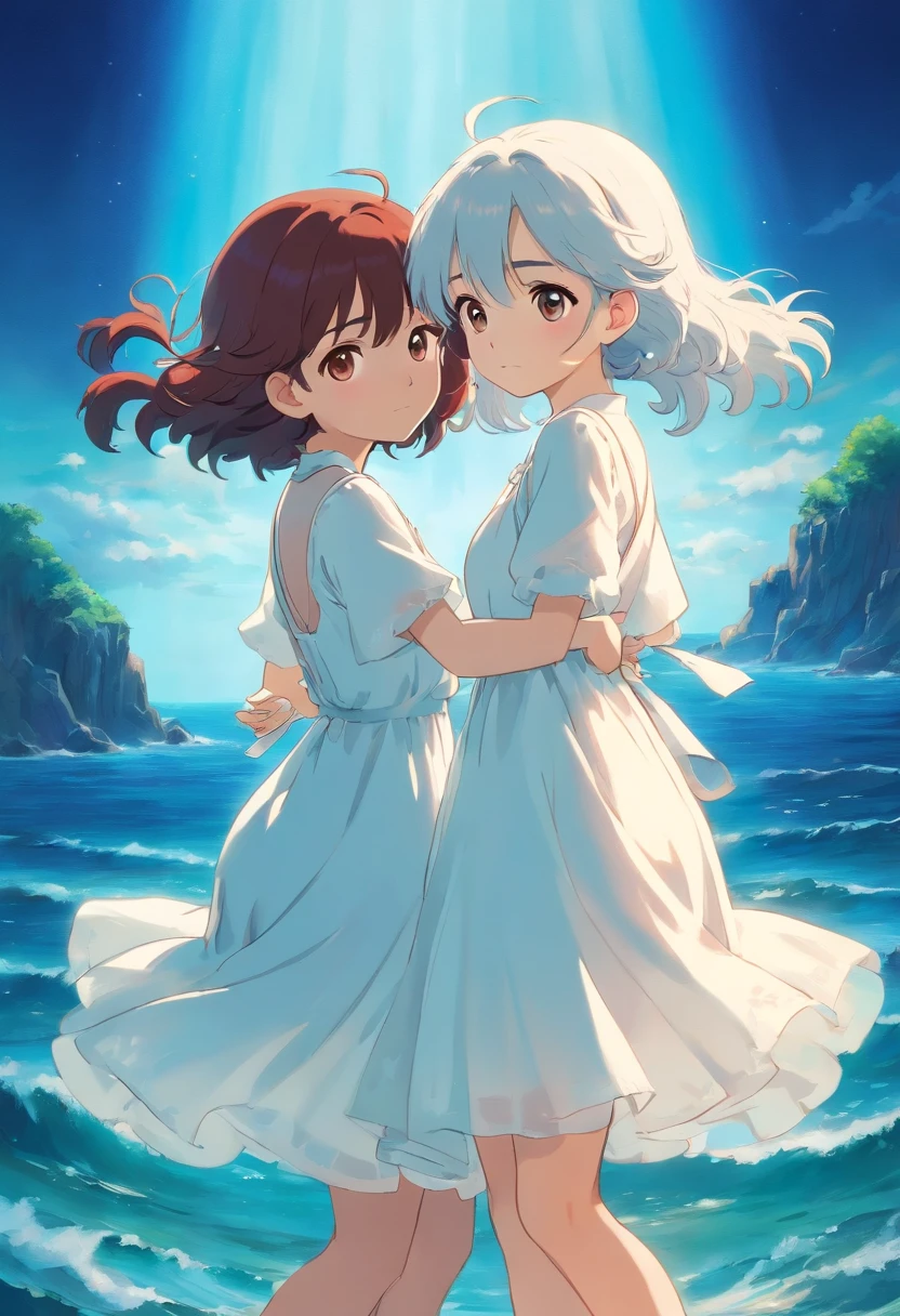 Two girls in white gauze dresses clinging to each other,The eyes are full of regret and reluctance,Have by the sea,Fluorescent scintillation