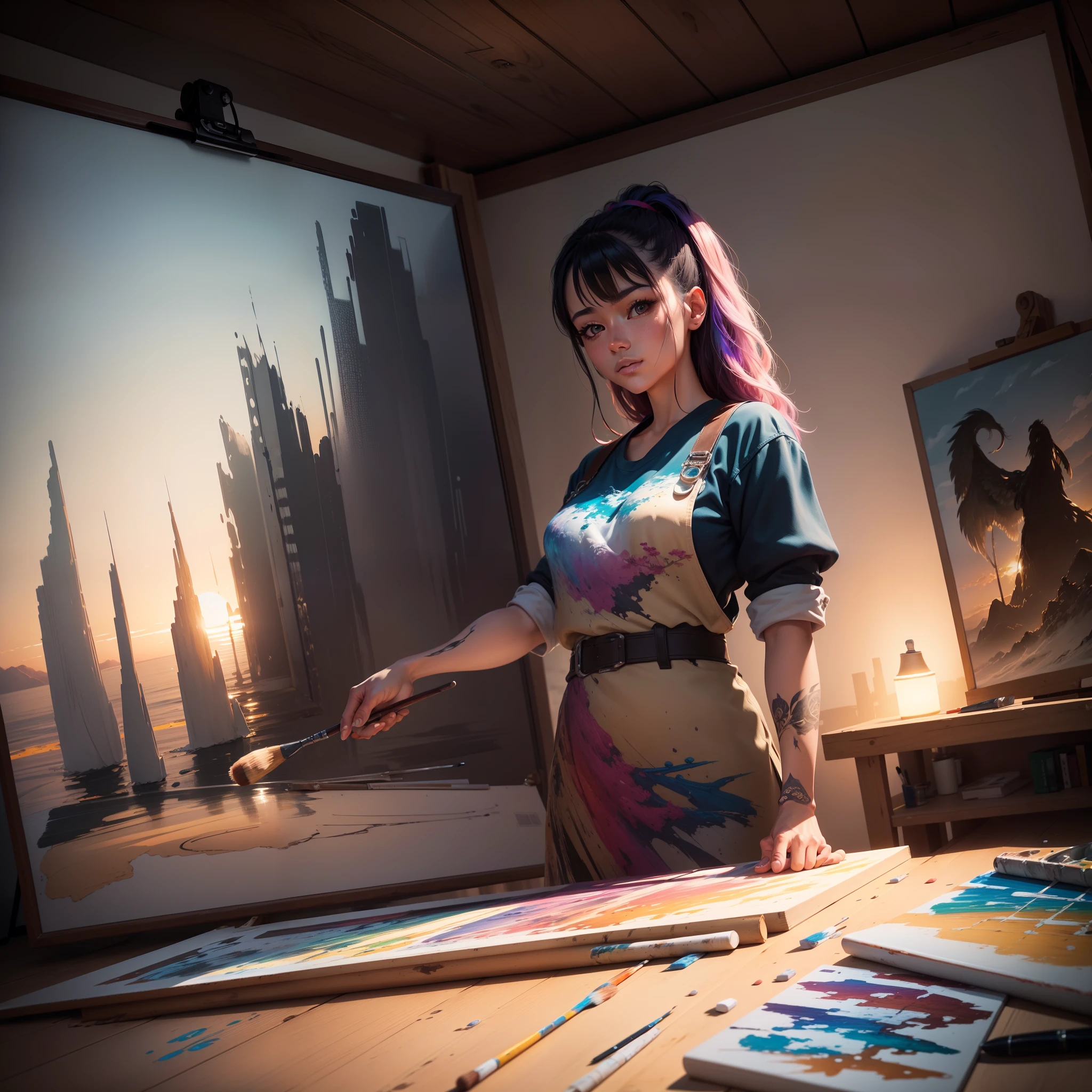 A paint brush and a painting board on a painters table, a drawing of the sunset is displayed on the painting board, with iridescent light, highly detailed images, vibrant beautiful colours, highly detailed facial features, highly detailed limb features, beautiful scenery, photorealistic image, 32k, ultra HD, unreal engine rendered, cinematic lighting, artgerm style,