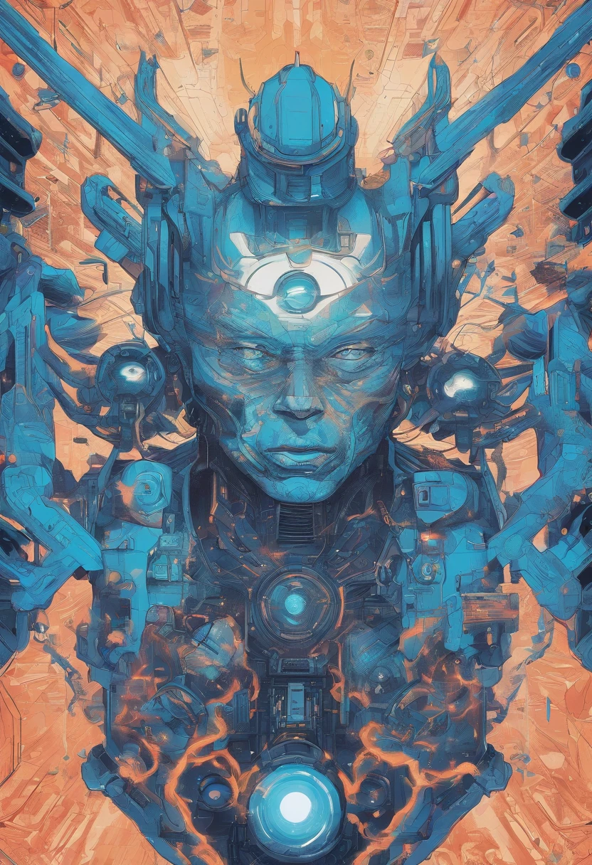 Imagine an electric blue nebula filled with psychedelic colors and pulsating plasma streams. A cyborg, half-human and half-android, floats in space, marveling at the alien technologies surrounding. illustration, dark magic splash, fantasy art, hand drawn, Accent Lighting, subtle motion effects, best quality, decorative art, low-poly, UHD, golden ratio composition, ((soft colors)), (cel-shading style)extremely saturated image (saturation 10) ink lined art, bold lines, illuminated by stars
