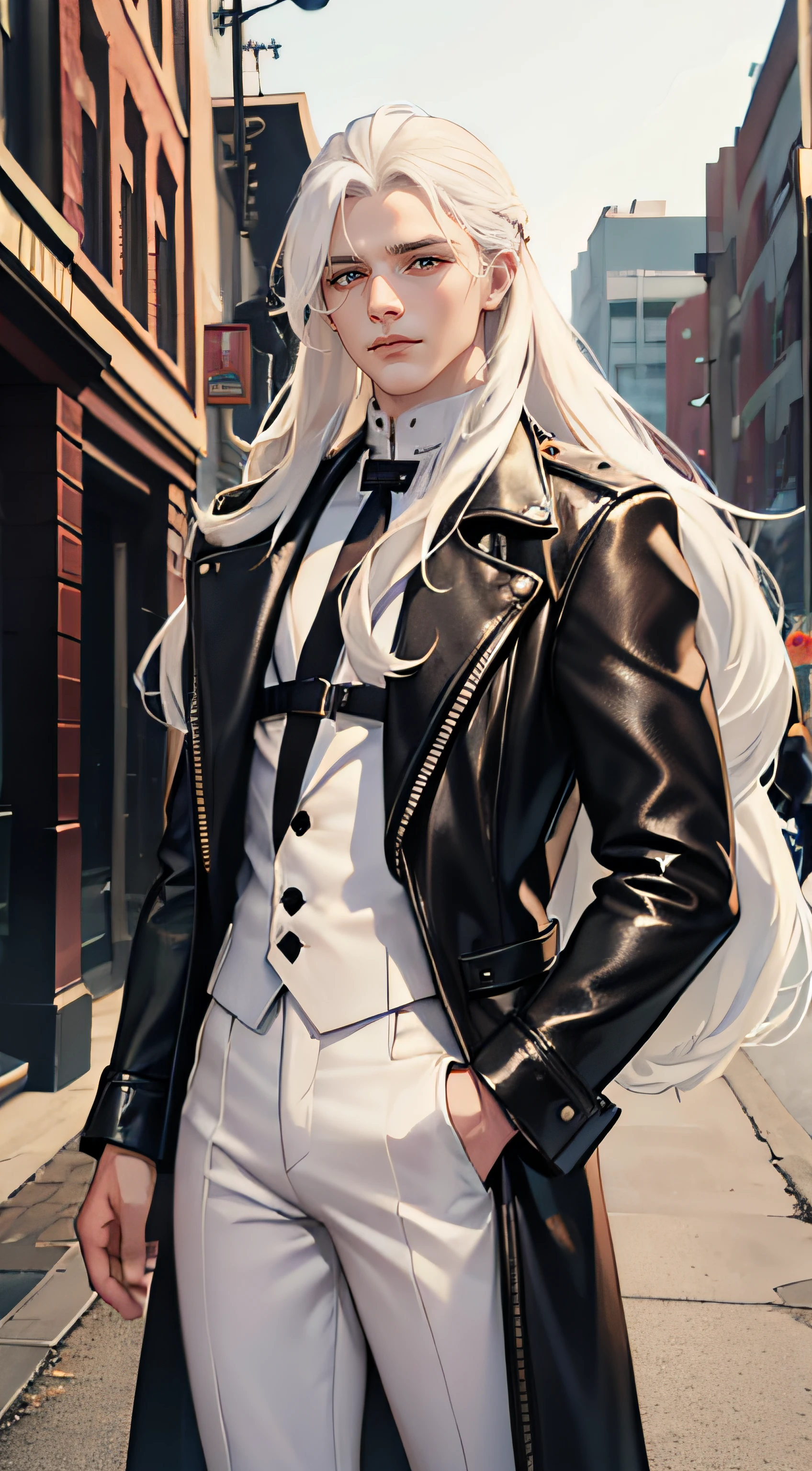 twins, long white hair, leather outfit, handsome face, upon_body, (High Definition Skin:1.2), 8k uhd, DSLR, high quality, volumetric lighting, high resolution, 4k, 8k, bokeh, top quality, masterpiece, hi-res
