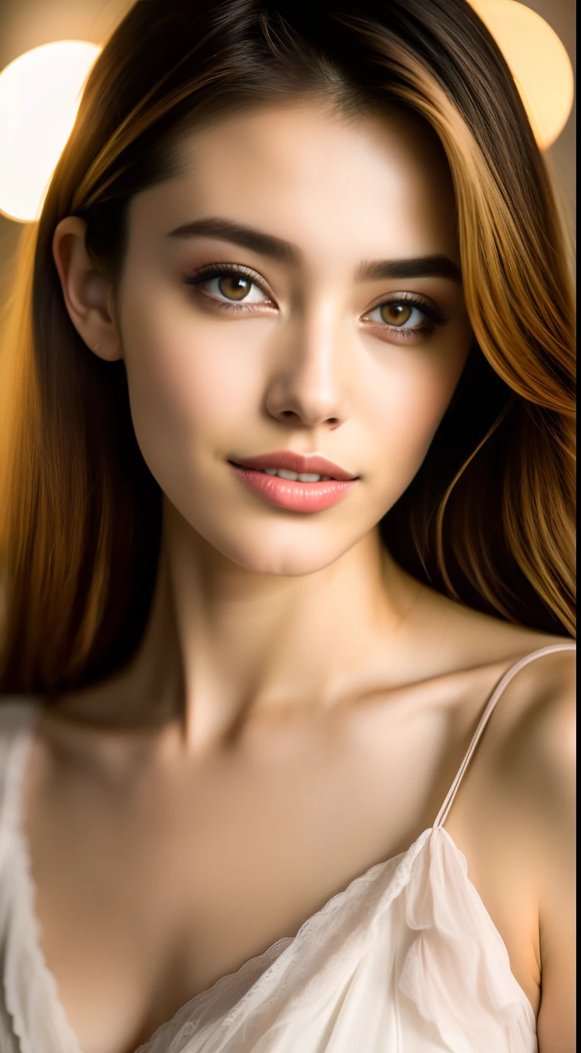 Fashion model 25 years old [[[[close-up]]], [[[[chest]]]], [[[[neck]]], [shoulders]]]]], Perfect eyes, Perfect iris, Perfect lips, Perfect teeth, Perfect skin, Soft front light, Glow, HDR, (Soft color: 1.2)