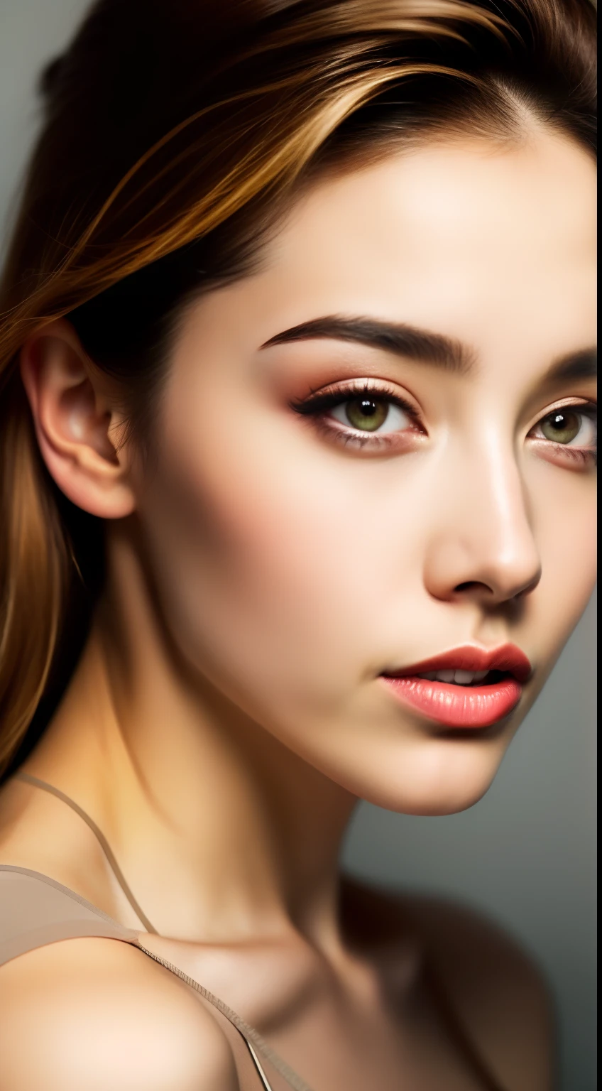 Fashion model 25 years old [[[[close-up]]], [[[[chest]]]], [[[[neck]]], [shoulders]]]]], Perfect eyes, Perfect iris, Perfect lips, Perfect teeth, Perfect skin, Soft front light, Glow, HDR, (Soft color: 1.2)