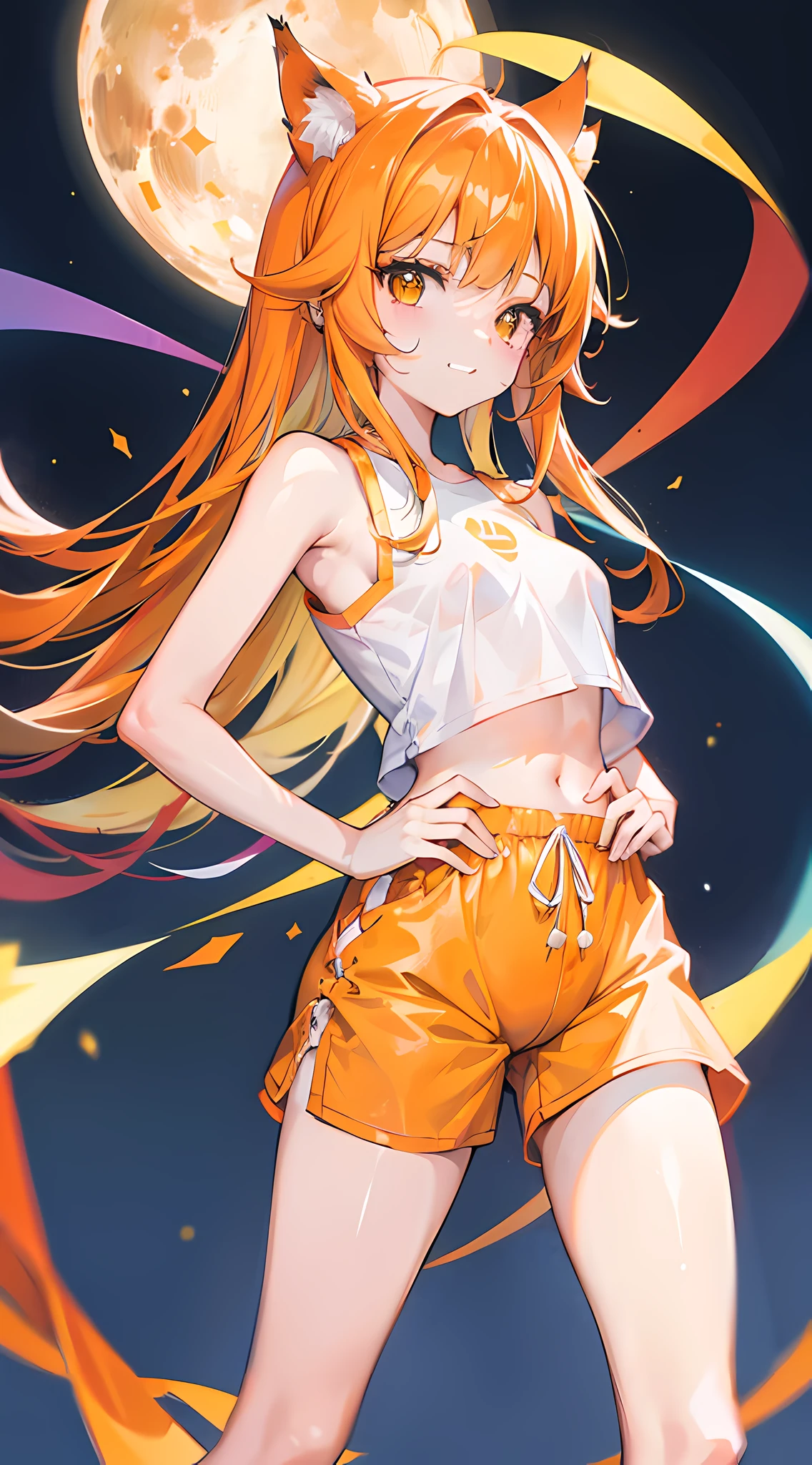 Una chica de anime, orejas de gato peludo naranja, pelo naranja peludo largo suave, linda cara sonriente, yellow eyes, blue sleeveless shirt, brazos al desnudo, white shorts, piernas al desnudo, white sneakers, mole left side of mouth, red ribbon on the left arm, Dynamic standing posture, imagen a cuerpo completo
