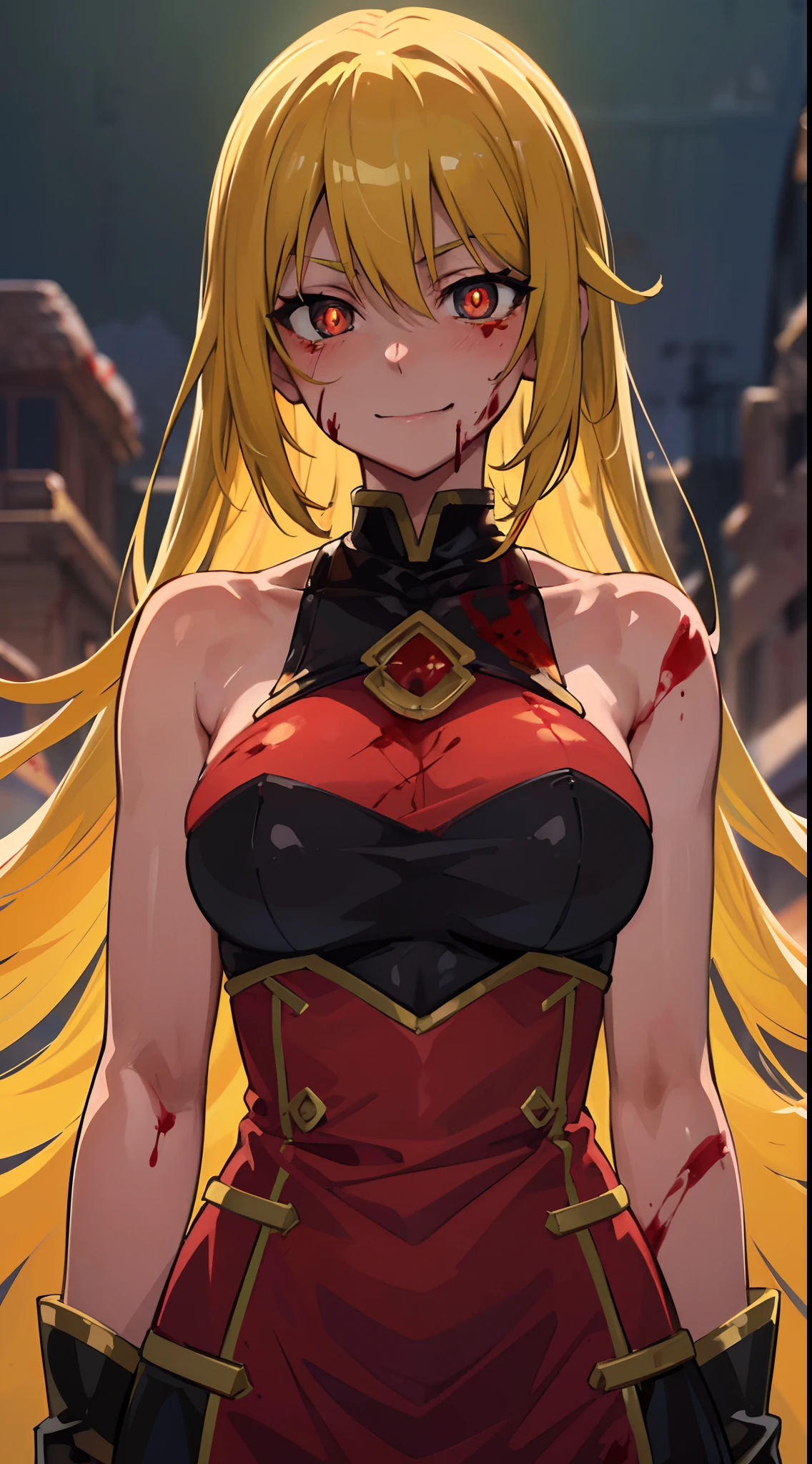 Leone, (medium breasts), ((((healthy skin)))), standing, masterpiece, best quality, upper body, anime, ((murderer)), (((blood, upper body))), cinematic lighting, ((happy)), red eyes, glowing eyes, sleeveless, bare_shoulders, yellow hair, long hair, ((hot and attractive woman)), (detailed pupils), blushed, textured skin