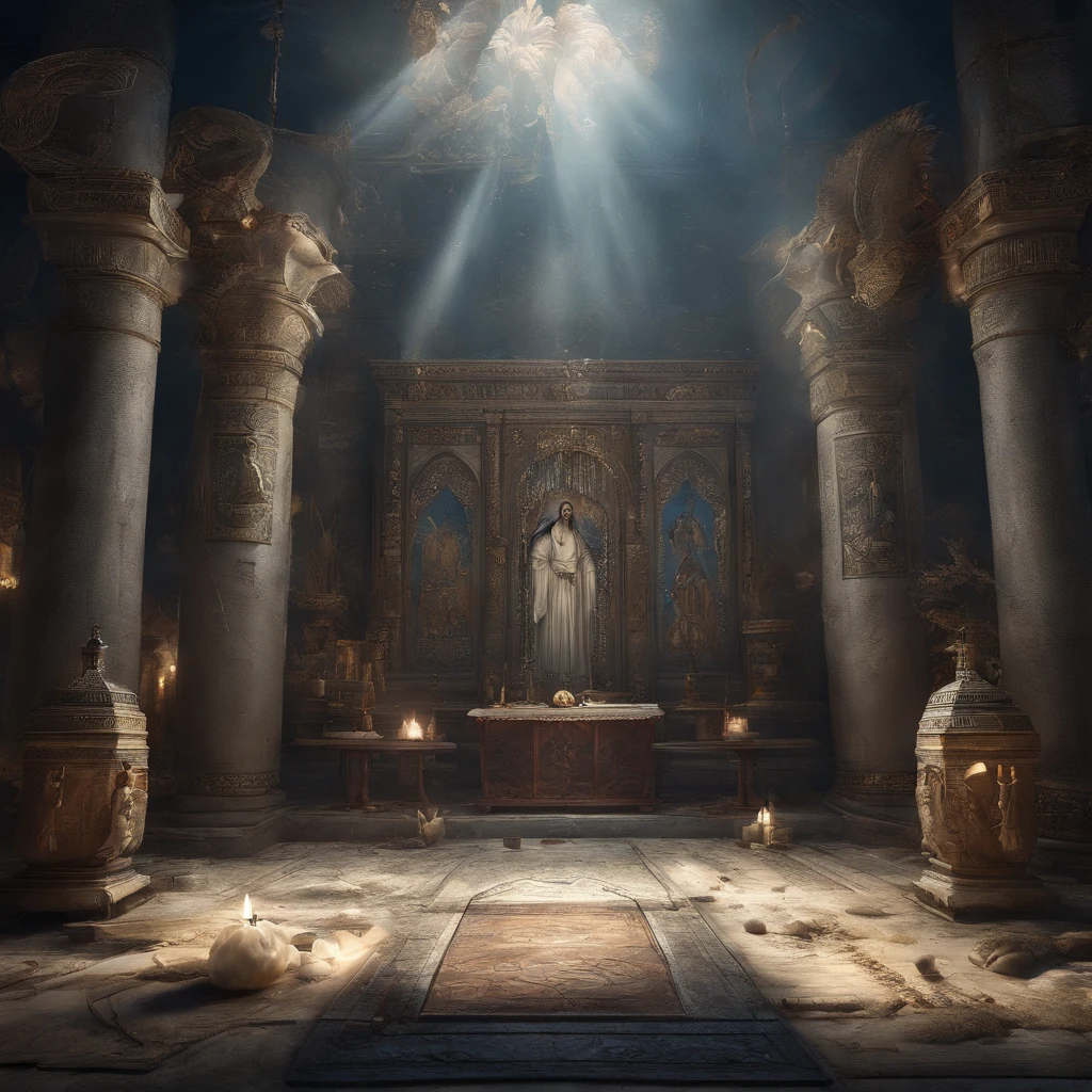 Draw a mystical and enigmatic scene, Coloque a ampulheta com a areia escorrendo lentamente. Dentro da ampulheta, desenhe a imagem detalhada da lua, com todos os seus detalhes e texturas. Use shades of blue and silver to create a magical and mysterious atmosphere around the altar.