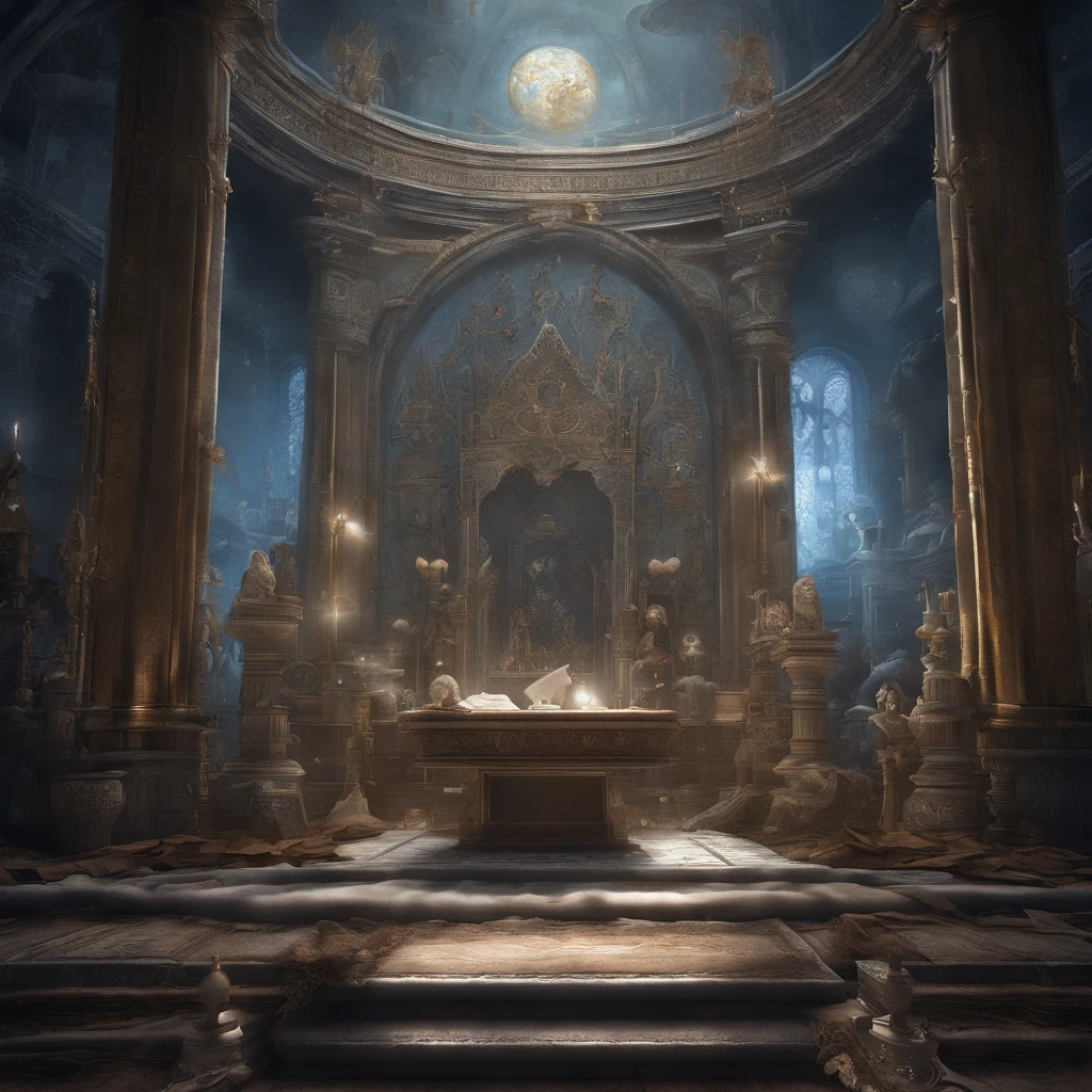 Draw a mystical and enigmatic scene, Coloque a ampulheta com a areia escorrendo lentamente. Dentro da ampulheta, desenhe a imagem detalhada da lua, com todos os seus detalhes e texturas. Use shades of blue and silver to create a magical and mysterious atmosphere around the altar.