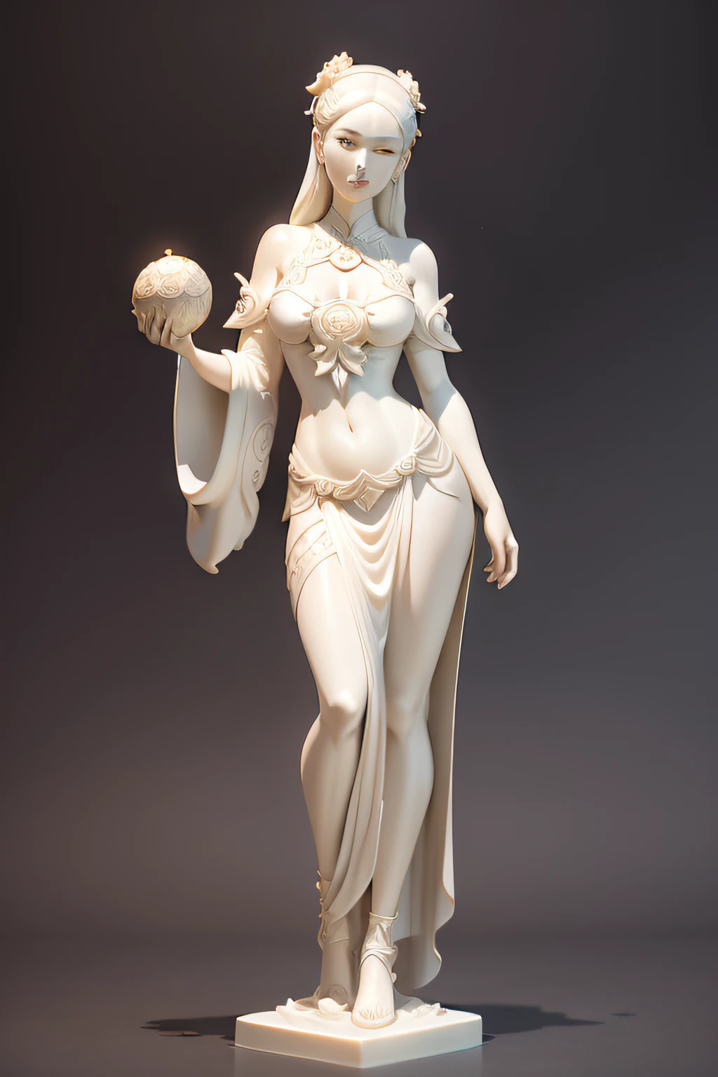 Woman holding a lute,Full body statue,China-style,Inspired by Chen Rong's marble sculptures, featured on zbrush central, Art Nouveau, ivory carving, carved ivory, Goddess. Extremely high detail, extremely detailed goddess shot, Ornamental bone carvings, Persephone sculpture, resin statue, highly detailed sculpture, guanyin of the southern seas