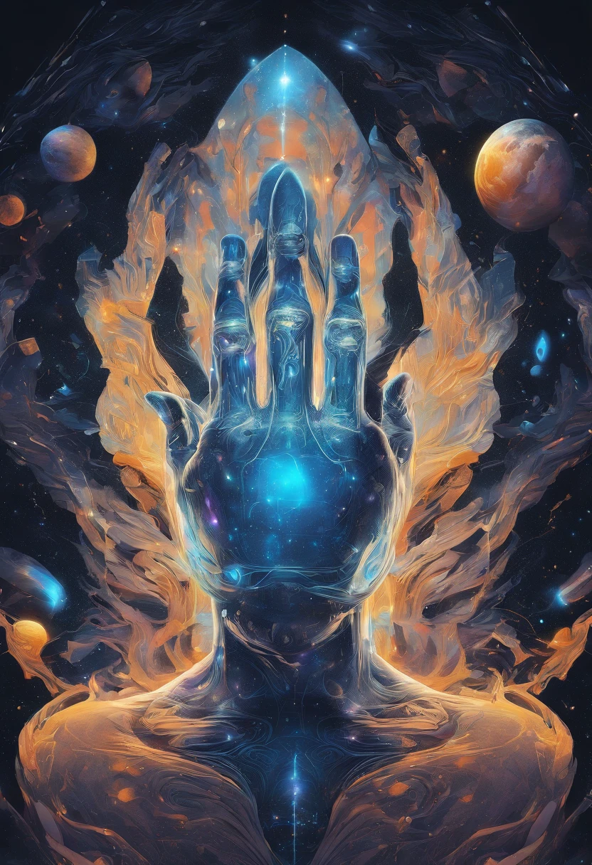 Imagine an electric blue nebula filled with psychedelic colors and pulsating plasma streams. A cyborg, half-human and half-android, floats in space, marveling at the alien technologies surrounding. illustration, dark magic splash, fantasy art, hand drawn, Accent Lighting, subtle motion effects, best quality, decorative art, low-poly, UHD, golden ratio composition, ((soft colors)), (cel-shading style)extremely saturated image (saturation 10) ink lined art, bold lines, illuminated by stars