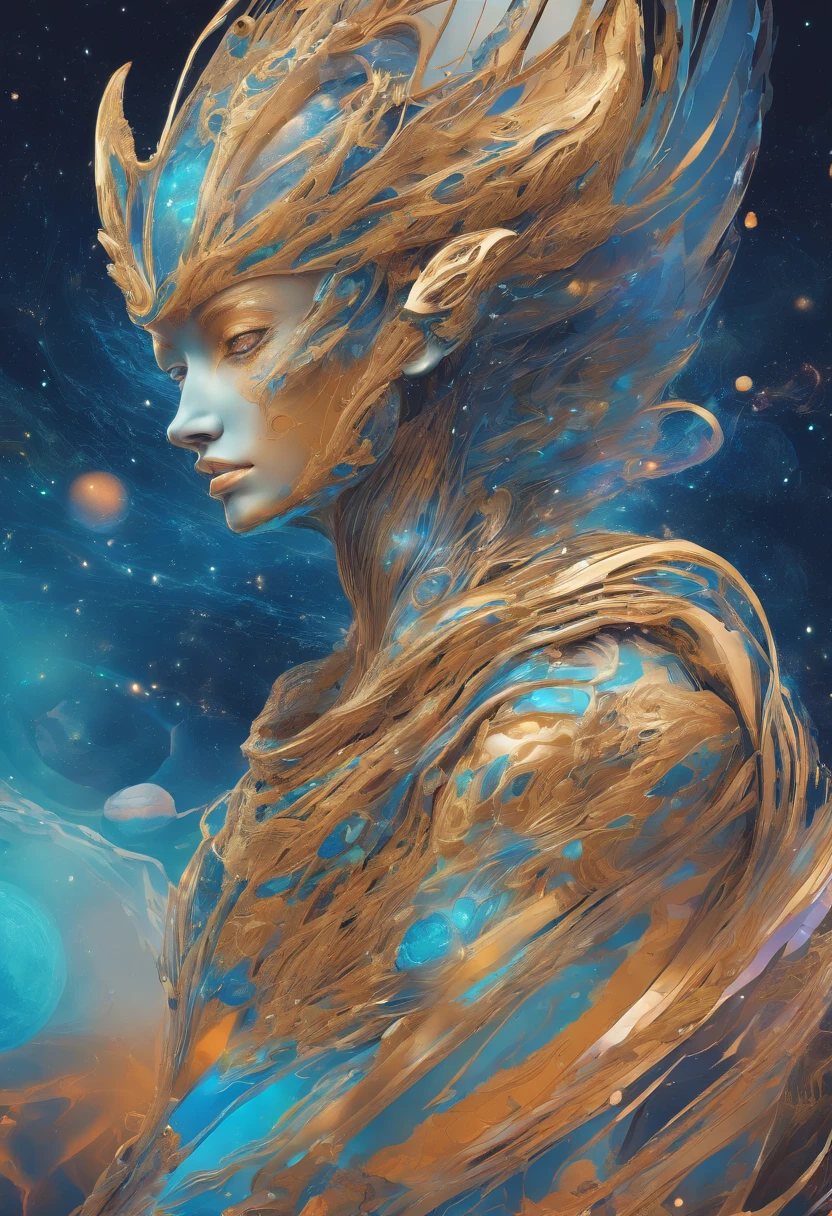 Imagine an electric blue nebula filled with psychedelic colors and pulsating plasma streams. A cyborg, half-human and half-android, floats in space, marveling at the alien technologies surrounding. illustration, dark magic splash, fantasy art, hand drawn, Accent Lighting, subtle motion effects, best quality, decorative art, low-poly, UHD, golden ratio composition, ((soft colors)), (cel-shading style)extremely saturated image (saturation 10) ink lined art, bold lines, illuminated by stars