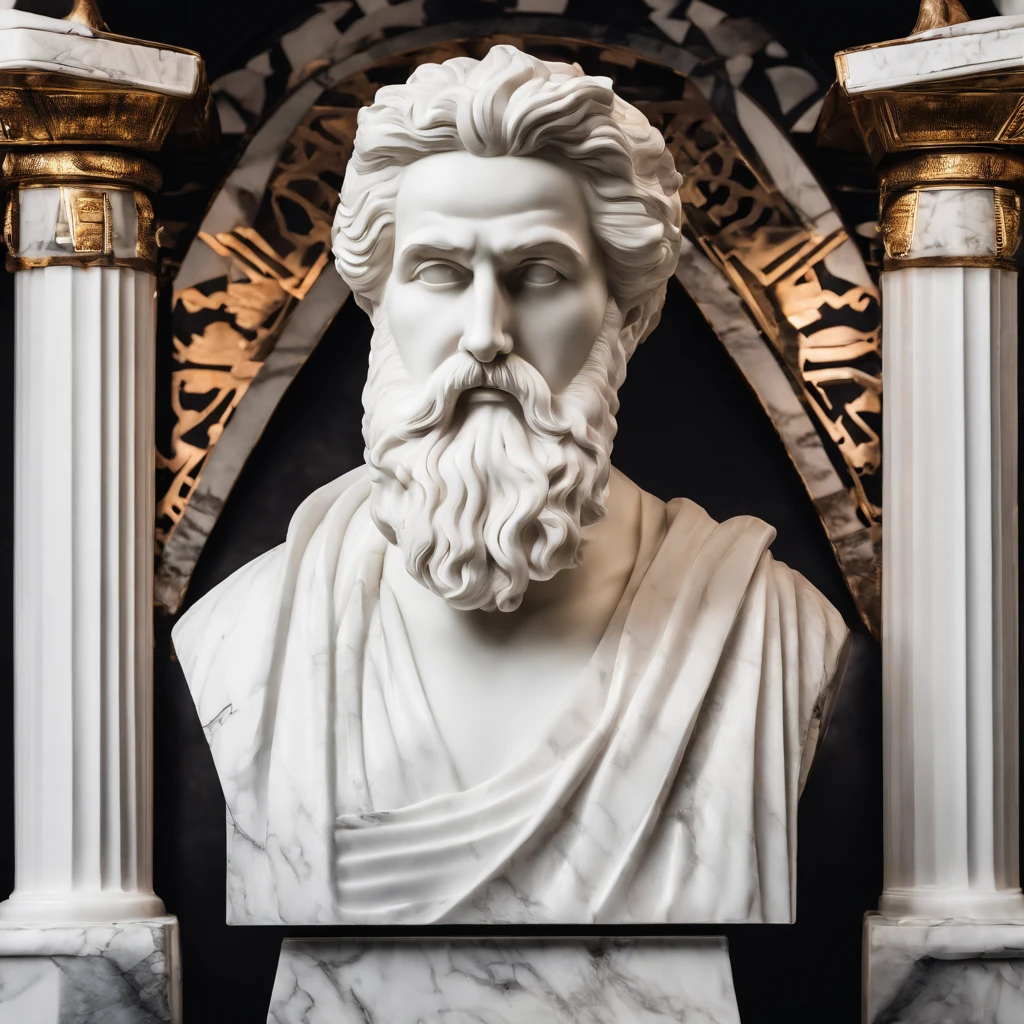 Bust of the wise man in a white marble statue,In the museum in the style of a bearded Greek philosopher. dark ambiance, High contrast between light and shadow, professional photoshooting, List of Utreria, Amount of light, cinematic ligh