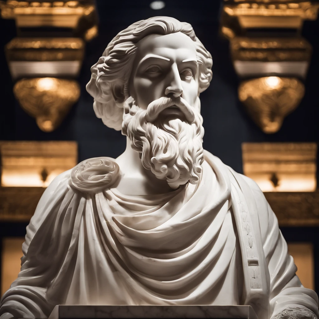 Bust of the wise man in a white marble statue，In the museum in the style of a bearded Greek philosopher. dark ambiance, High contrast between light and shadow, professional photoshooting, List of Utreria, Amount of light, cinematic ligh