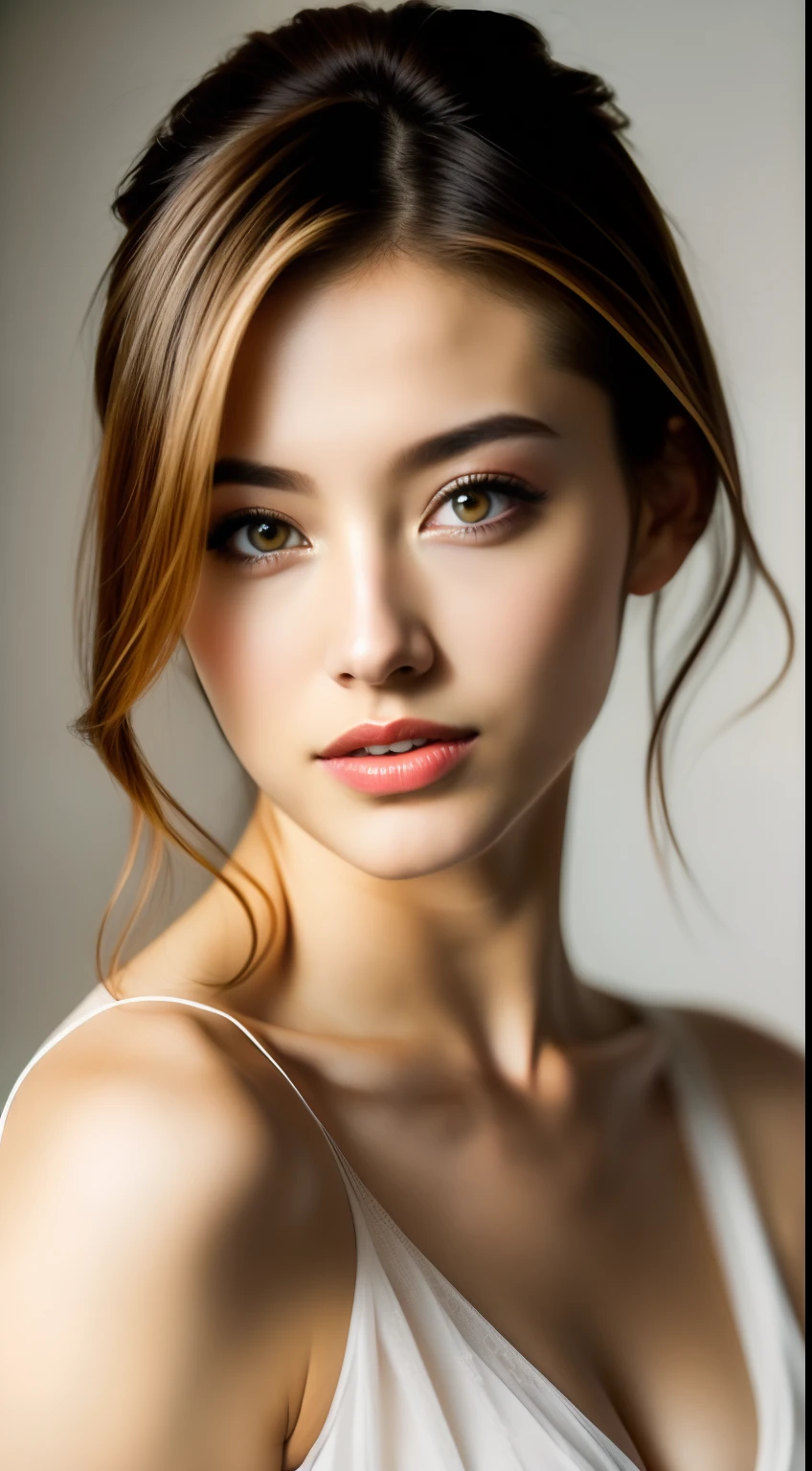 Fashion model 25 years old [[[[close-up]]], [[[[chest]]]], [[[[neck]]], [shoulders]]]]], Perfect eyes, Perfect iris, Perfect lips, Perfect teeth, Perfect skin, Soft front light, Glow, HDR, (Soft color: 1.2)
